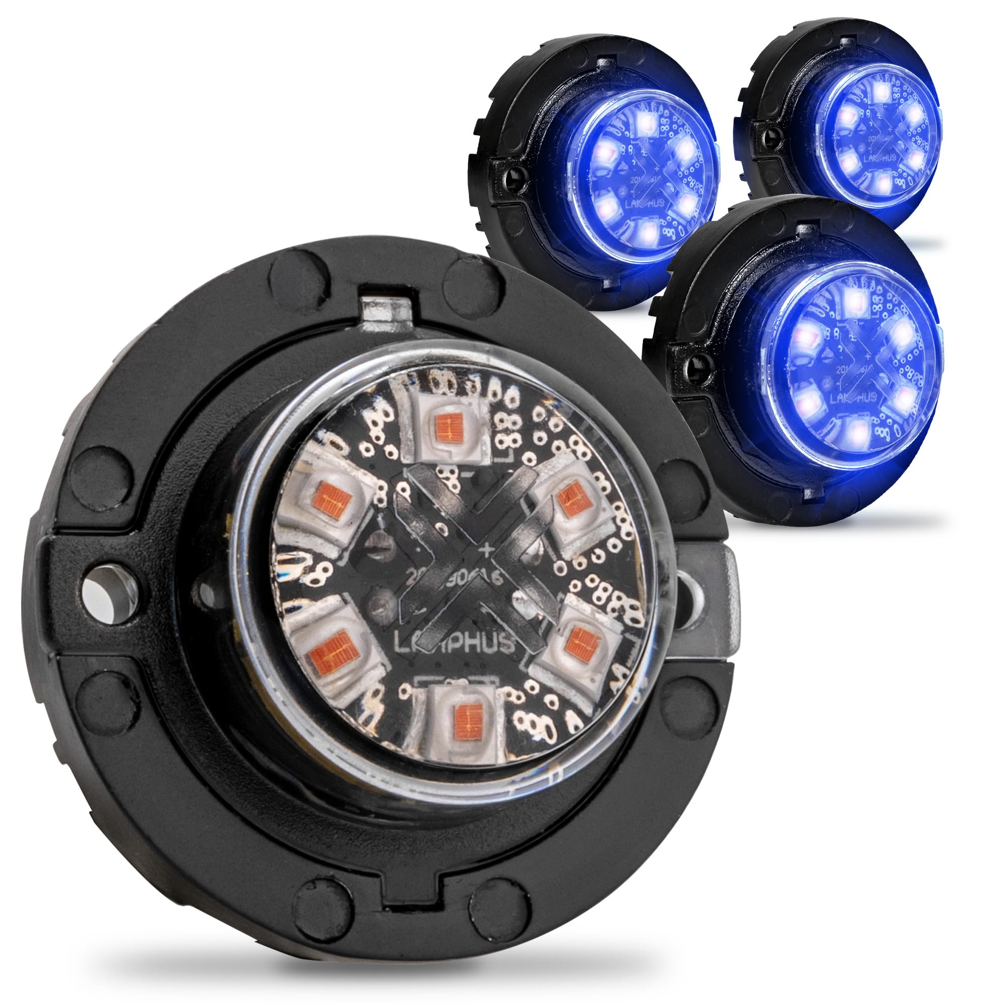 4pc SnakeEye III Blue LED Hideaway Strobe Light [SAE Class 1] 12V 1 Inch Round Waterproof Wig Wag Emergency Flashing Hide Away F
