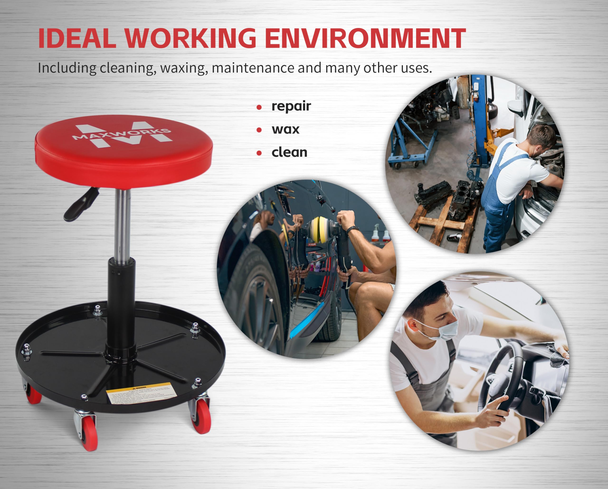 MaxWorks Pneumatic Roller Seat, Adjustable Height, 300 lb Capacity, Steel, Red and Black, Model 80771