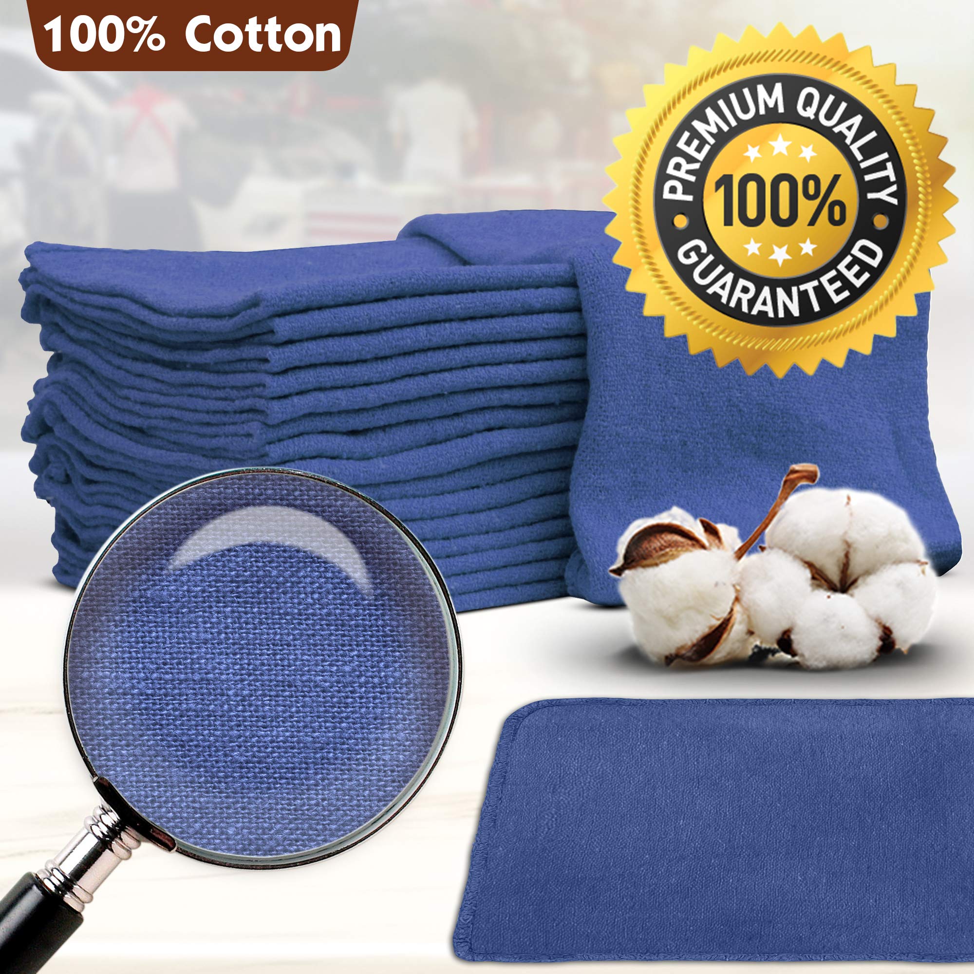 Nabob Wipers Auto Mechanic Shop Towels 25 Pack Bulk Shop Rags 100% Cotton Size 14X14 Commercial Grade (25 Pack, Blue)