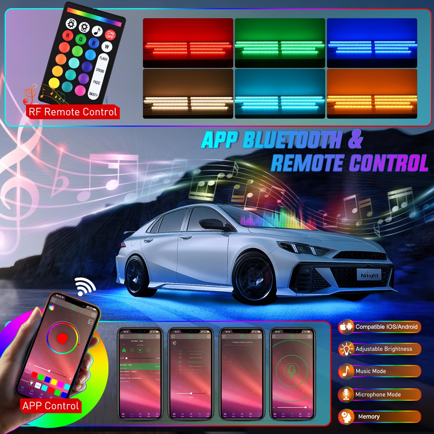 Nilight 4Pcs Aluminum Underglow Neon Accent Strip Lights 396 Leds Rgb Door Assist Multi Color Diy Sound Active Function Music Mo