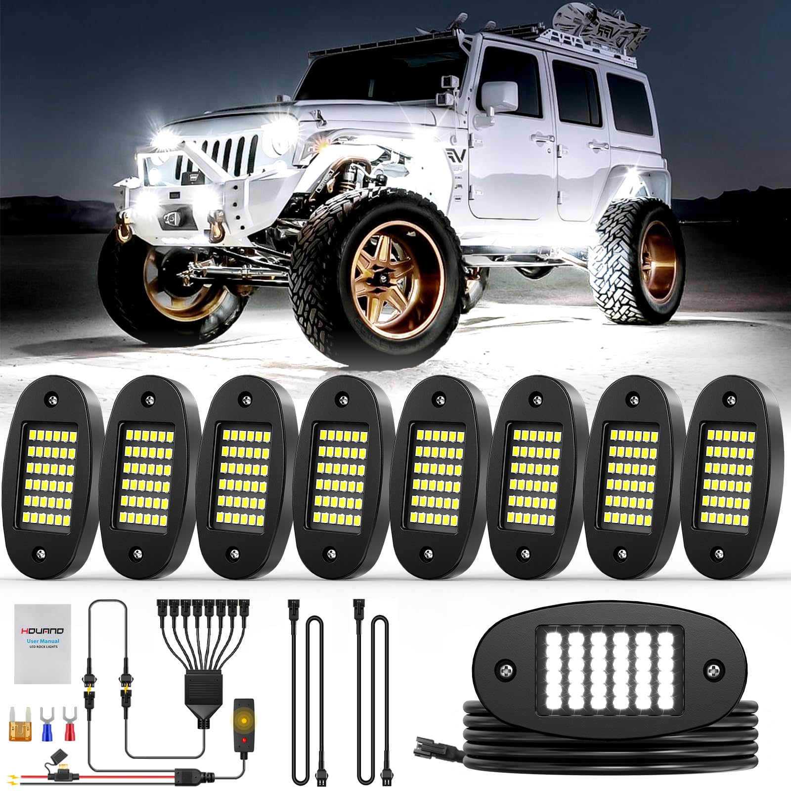 Hovano 8 Pods White Rock Light Kit with Wired Switch - 6500K Pure White LED Underglow, IP68 Waterproof, Super Bright 36 LEDs for