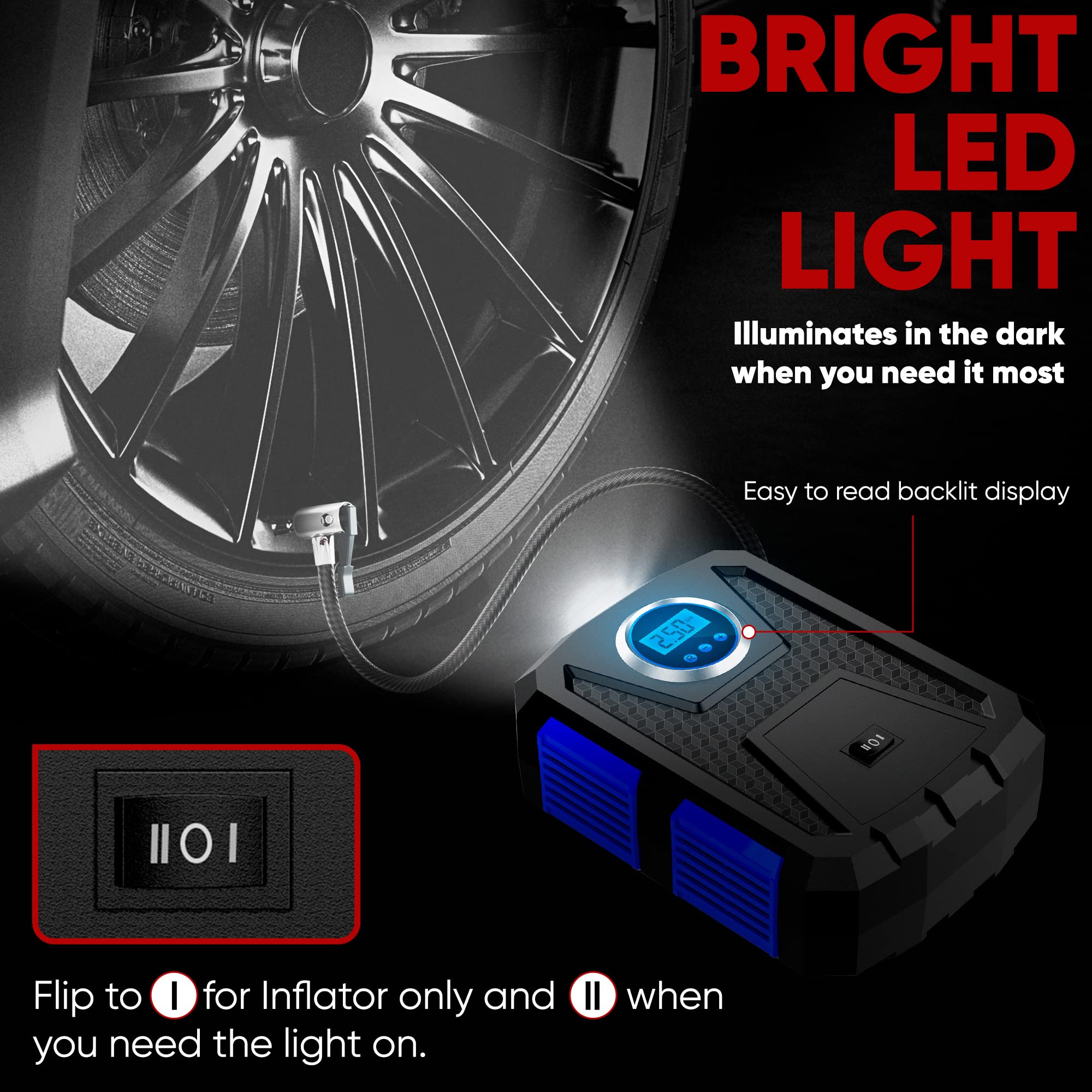 FORTEM Portable Tire Inflator, 150 PSI 12V Air Compressor for Car & Bike, Blue, Model FRTM-DAC, with LED Light & Digital Pressure Gauge