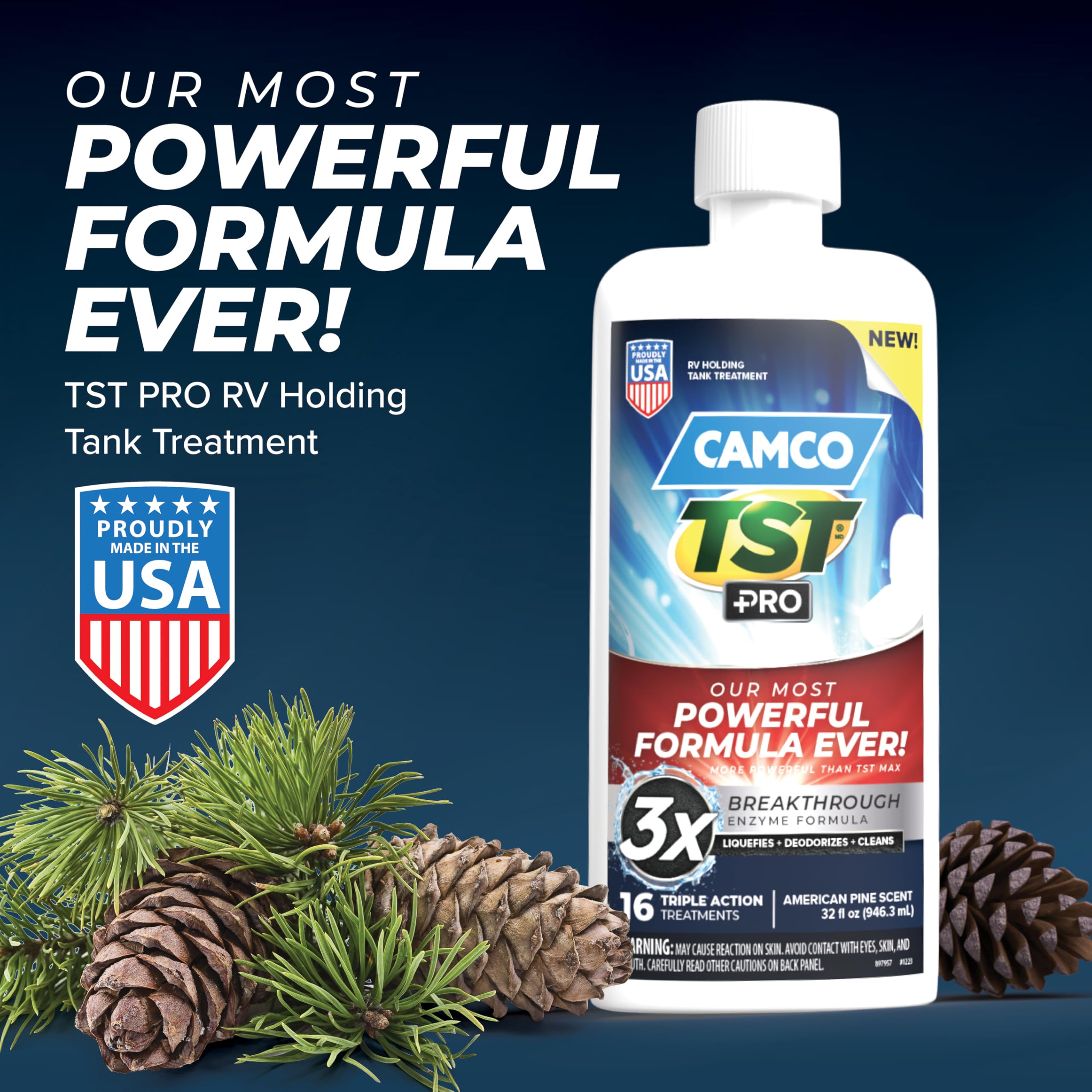 Camco TST PRO RV Toilet Treatment, Bio-Enzymatic Formula, 32oz, Fresh Pine Scent, Model 41771, Septic-Safe, Fast Odor Stopper