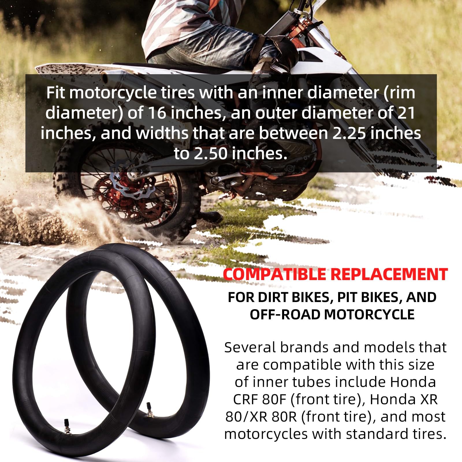 (2 Pack) Ar-Pro 2.25/2.50-16    Off-Road Motorcycle Inner Tubes With Tr4 Valve Stem - 70/90-16 Motorcycle Tire Replacement Inner