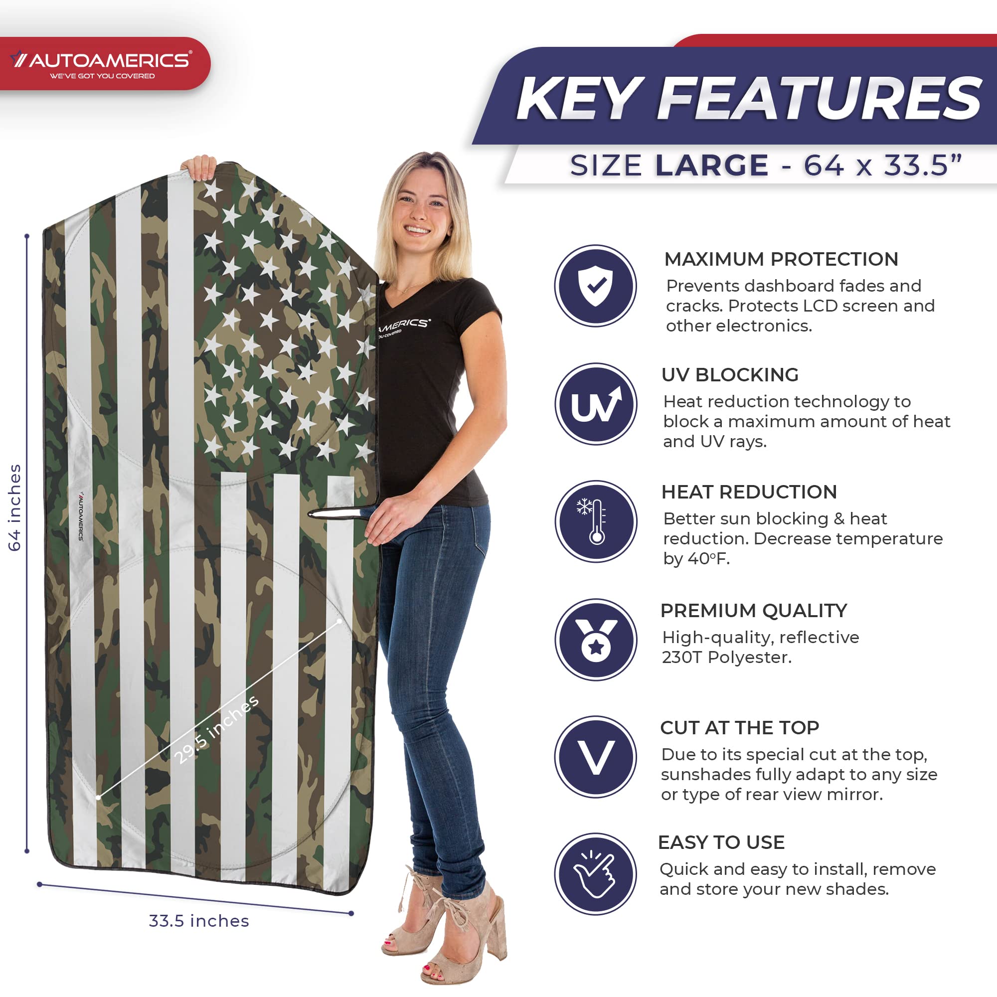 Autoamerics 1-Piece Windshield Sun Shade Erdl Camo American Flag Usa Design - Foldable Car Front Window Sunshade For Most Sedans