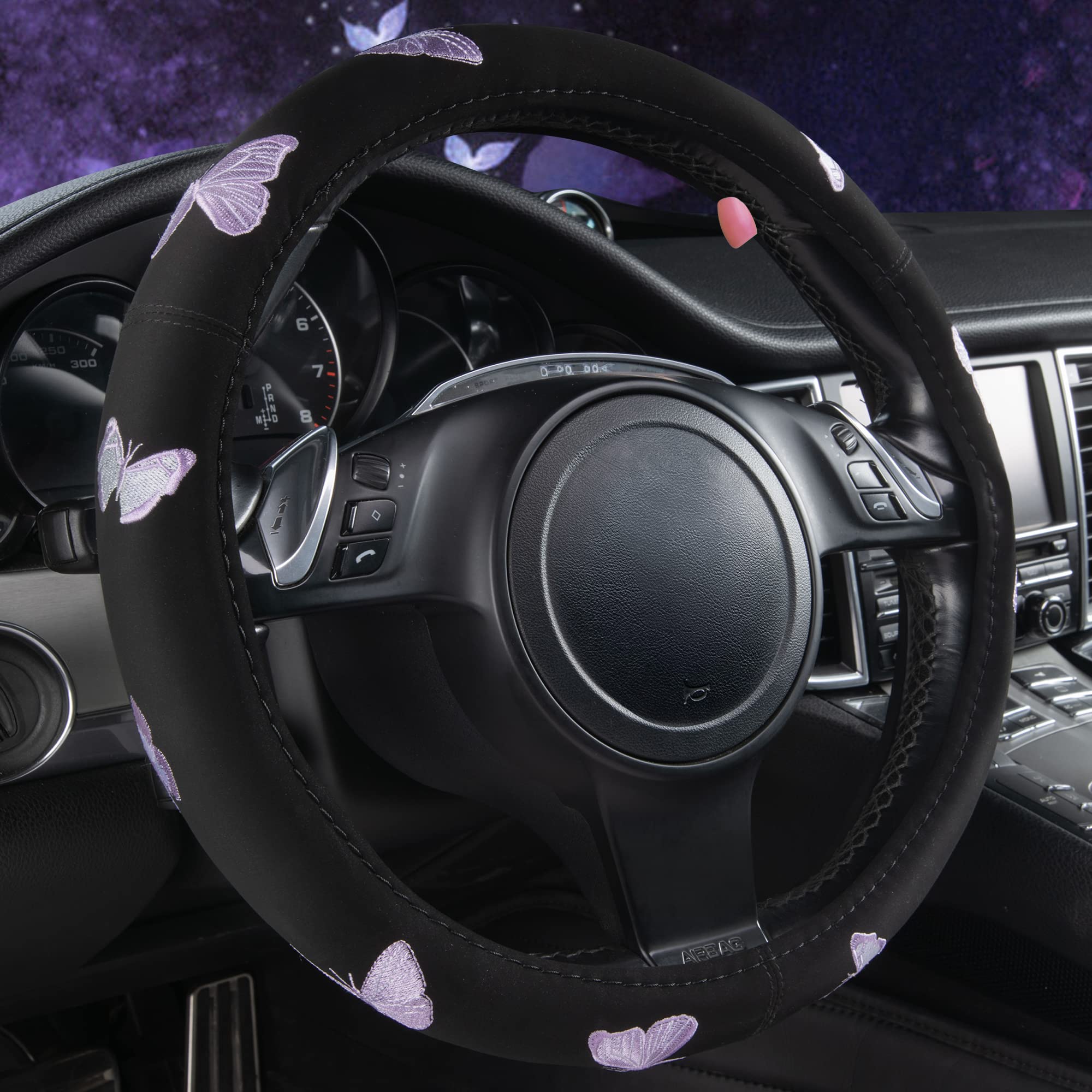 Car Pass Purple Embroidery Butterfly Steering Wheel Cover, Universal 15 Inch Car Wheel Cover for Women Girls, Fit for Suvs,Small
