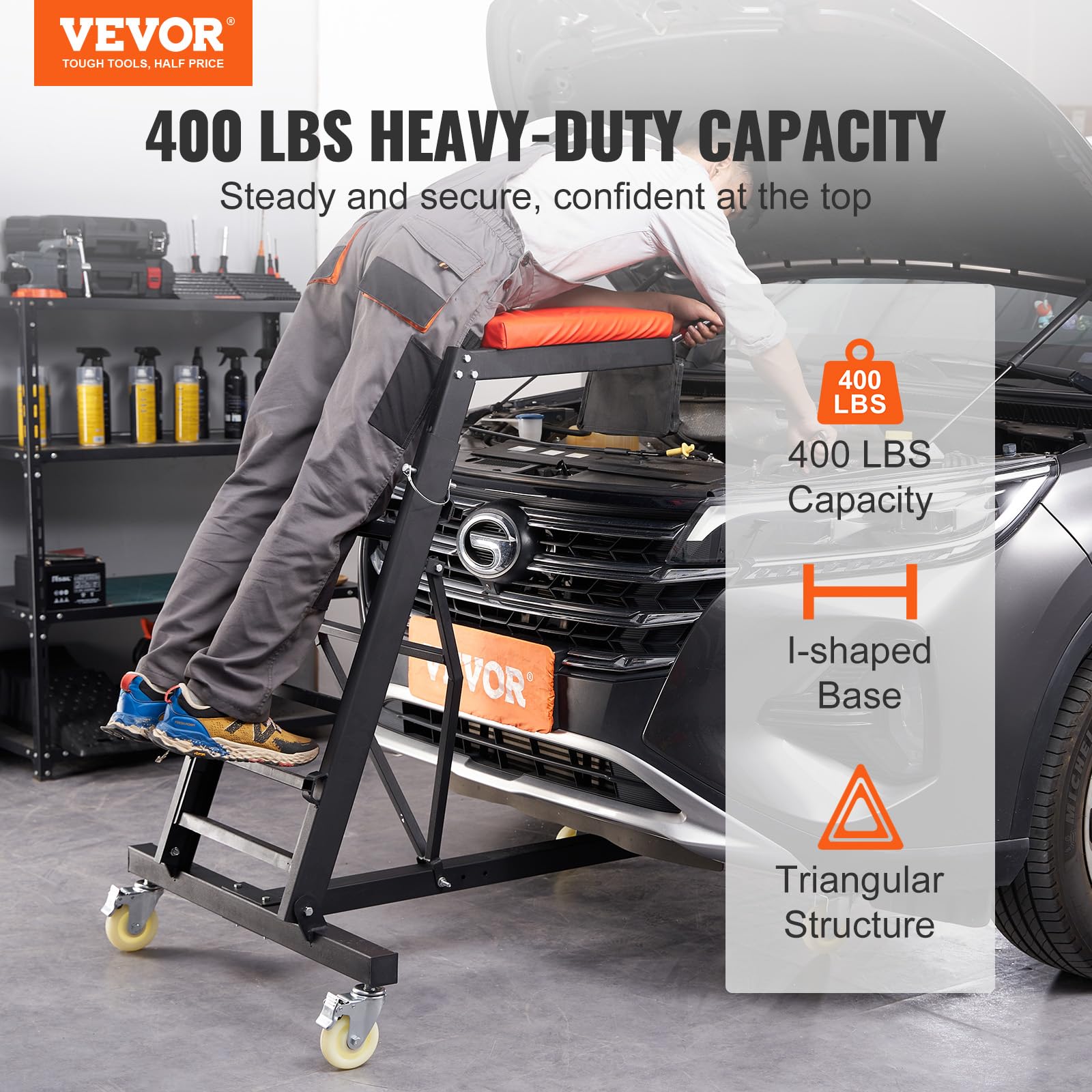 VEVOR Automotive Creeper, Adjustable Height 45.7"-66.3", 400 LBS Capacity, Black+Red, Heavy Duty Foldable with 4 Swivel Casters