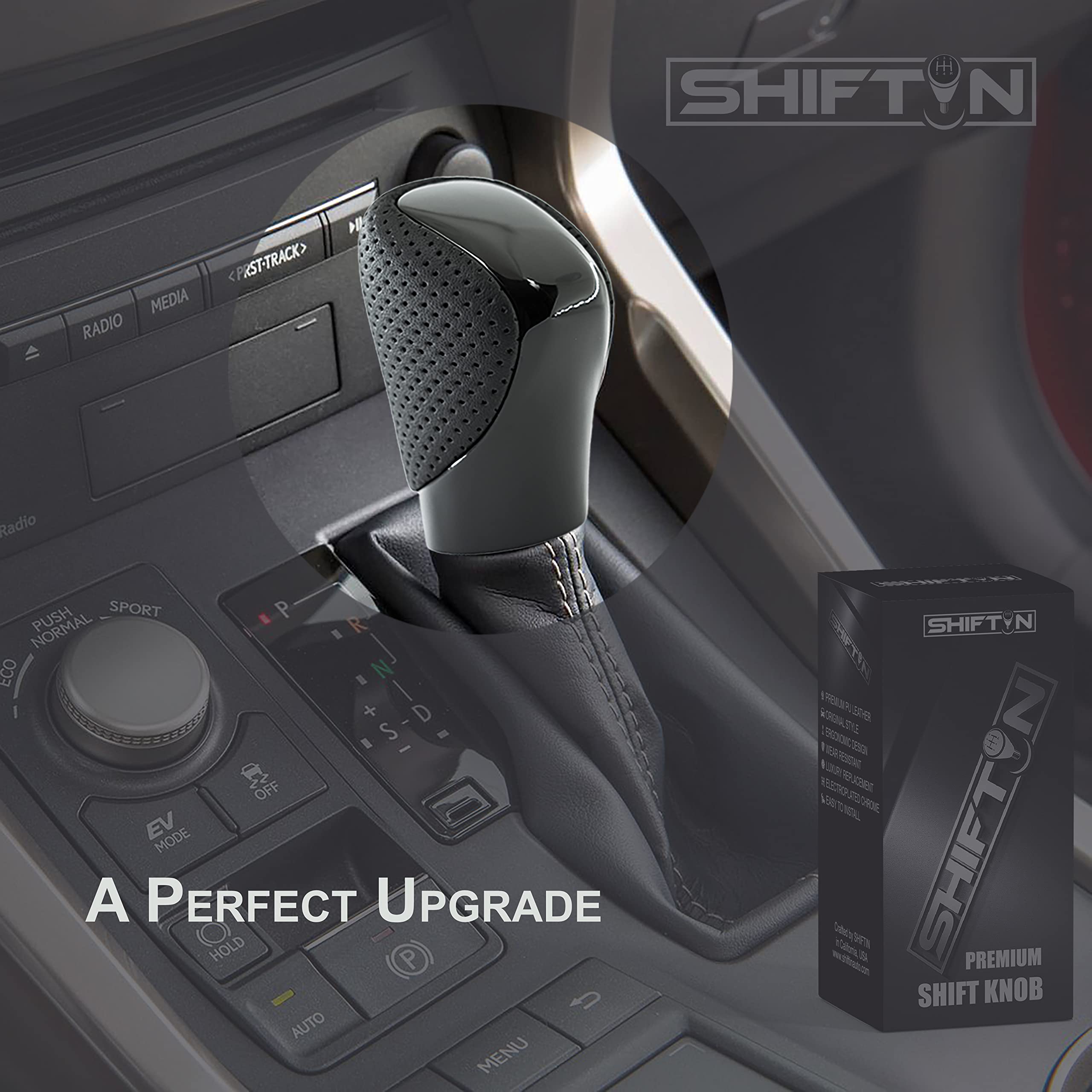 SHIFTIN Gear Shift Knob for Lexus ES GS GX NX RC RX - Black Leather & Piano Black - Model SKU20UTBEK