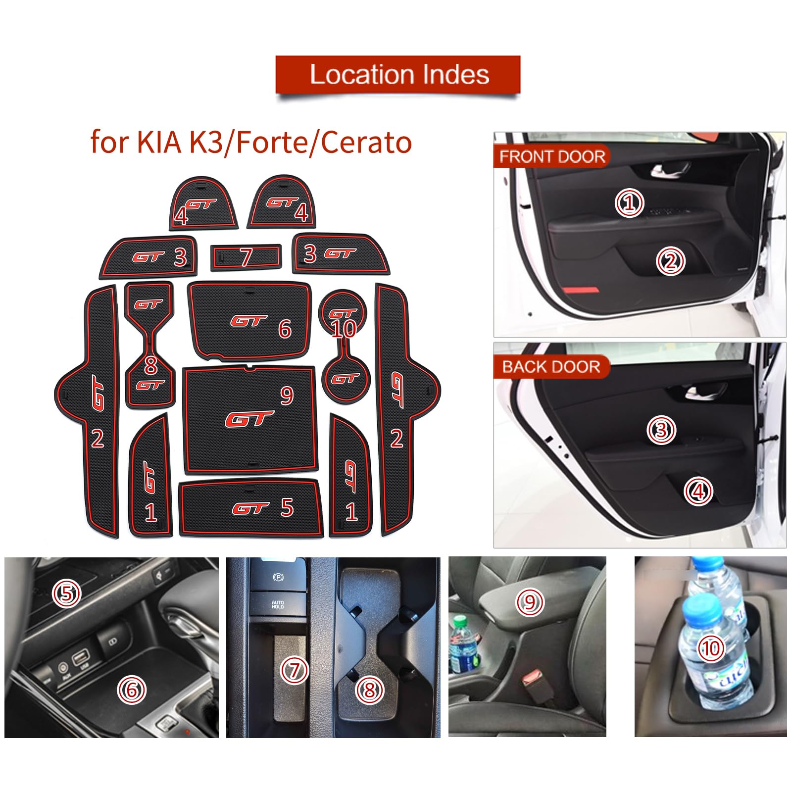 Center Console Liner Compatible With Kia Forte Gt/Gt-Line 2022 2023 2024 Center Console Liner Cup Holders Non-Slip Pad Inserts Accessories (Red)