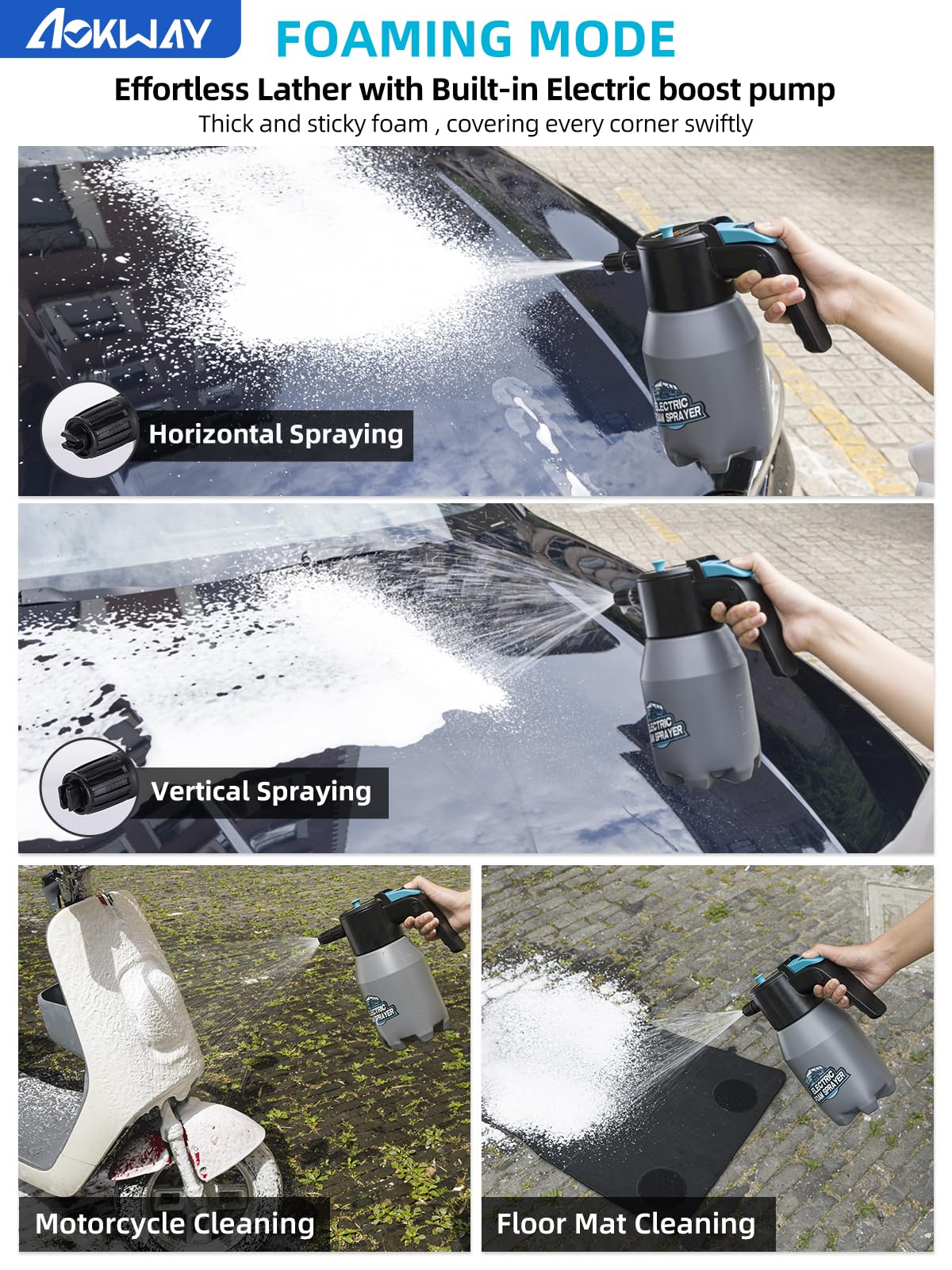 aokway Electric Foam Sprayer - Portable Cordless Handheld Car Wash Foam Cannon - Gray, Plastic Material