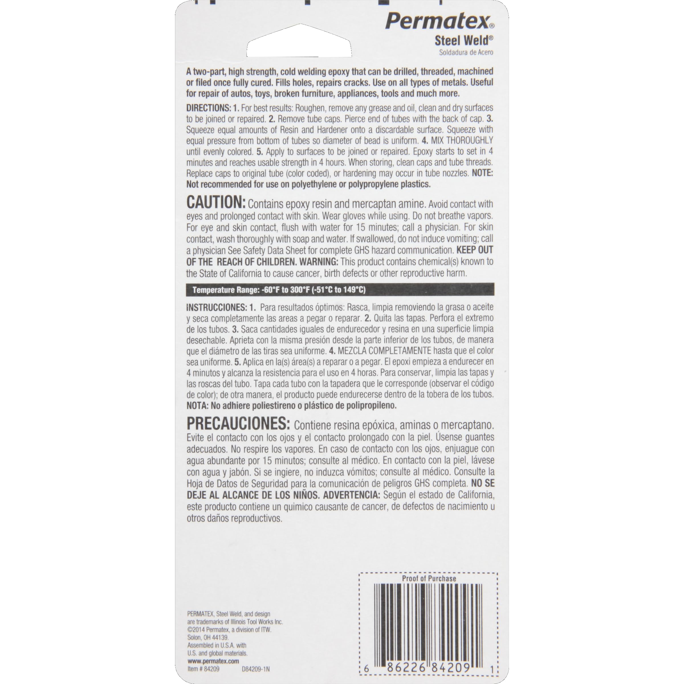 Permatex PermaPoxy 4 Minute Multi-Metal Epoxy, 2x1 oz Tubes, Grey, Model 84209, Aluminum & Stainless Material