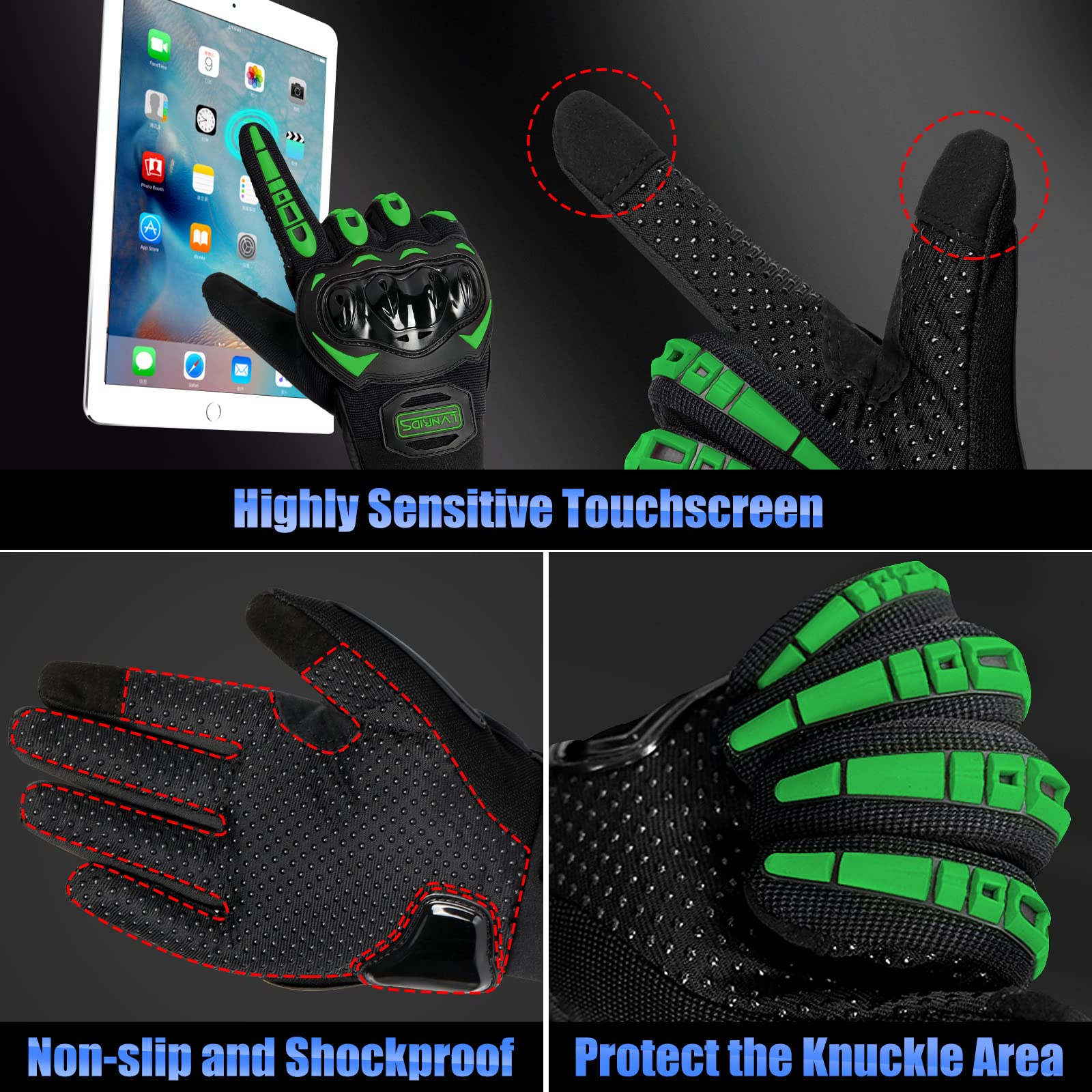 Lvnrids Motorcycle Gloves With Touchscreen Men And Women Racing Gloves For Motocross Bmx Atv Mtb Riding Cycling Green M