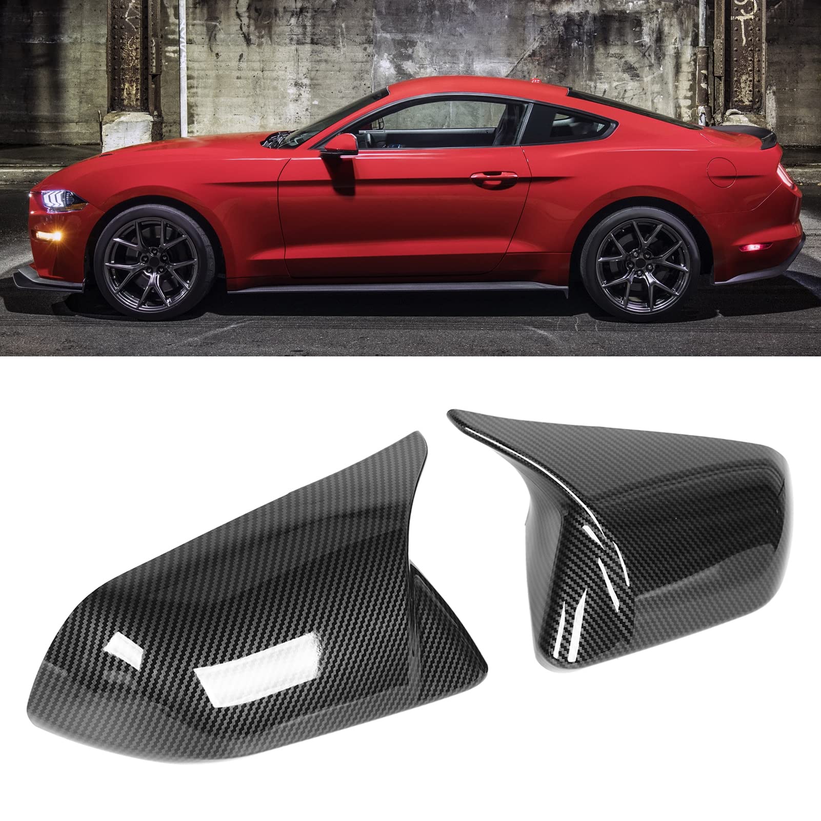 For Mustang Carbon Fiber Mirror Cover Car Exterior 2Pcs Door Mirror Cover Cap Left Right Horn Style Replacement For Mustang 2015?2022 Carbon Fiber Style (Carbon Fiber Style)
