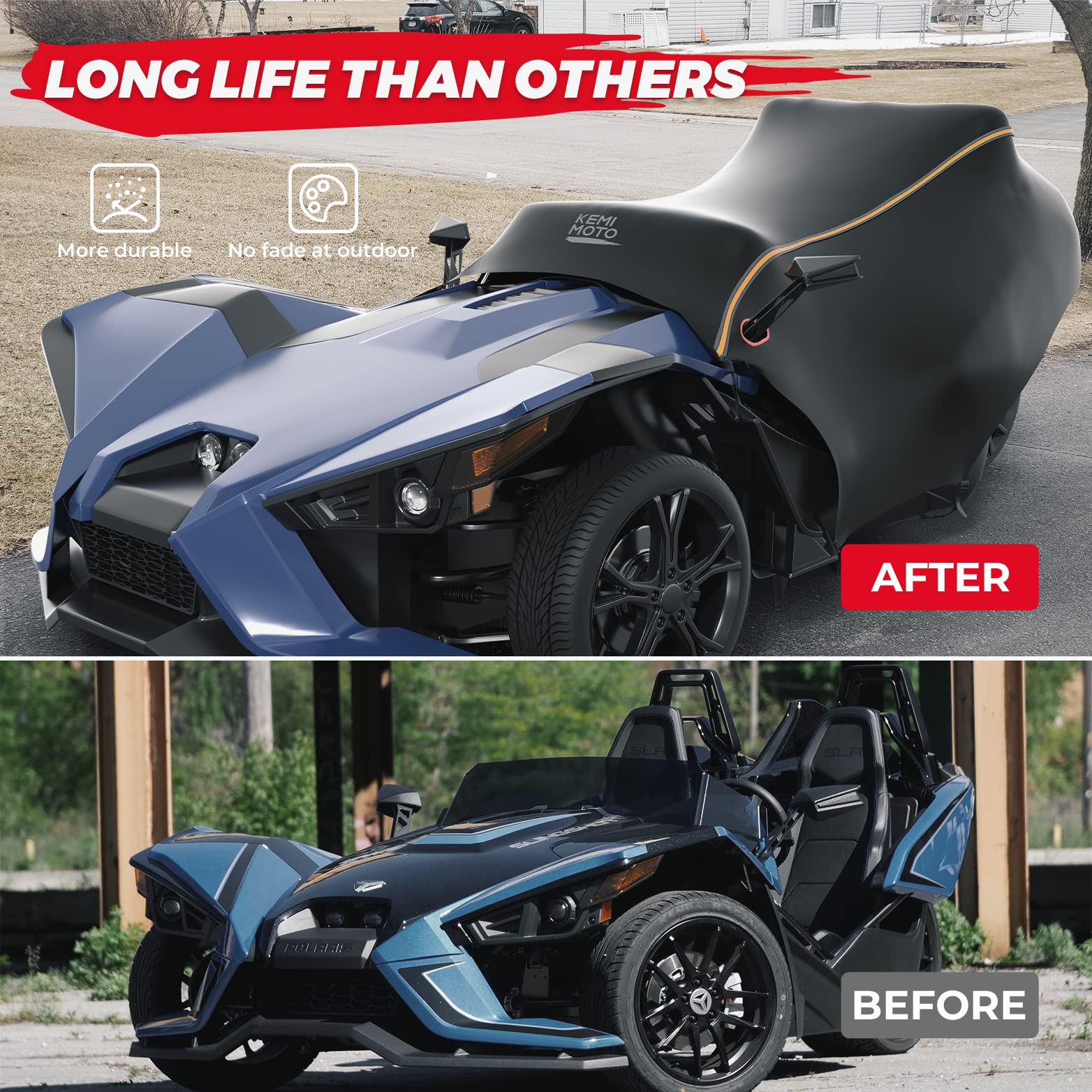 KEMIMOTO Half Cover Cockpit Cover for Polaris Slingshot, Waterproof Black Oxford, Medium 94.5"Lx78"Wx52"H with Reflective Strips