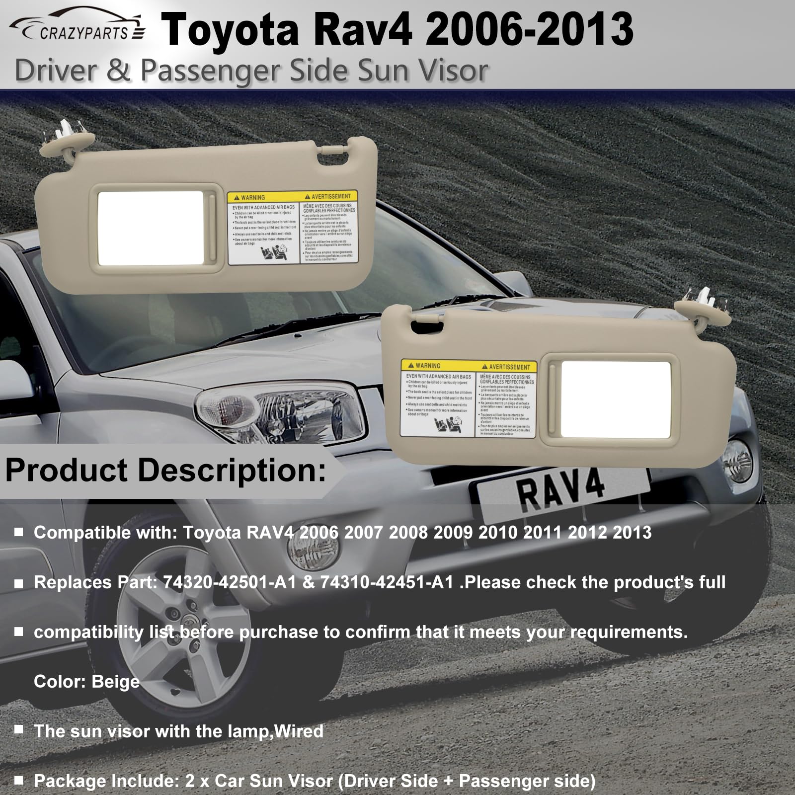 Driver Left & Passenger Right Side Sun Visor Replacement with Toyota RAV4 2006 2007 2008 2009 2010 2011 2012 2013 with Light Rep
