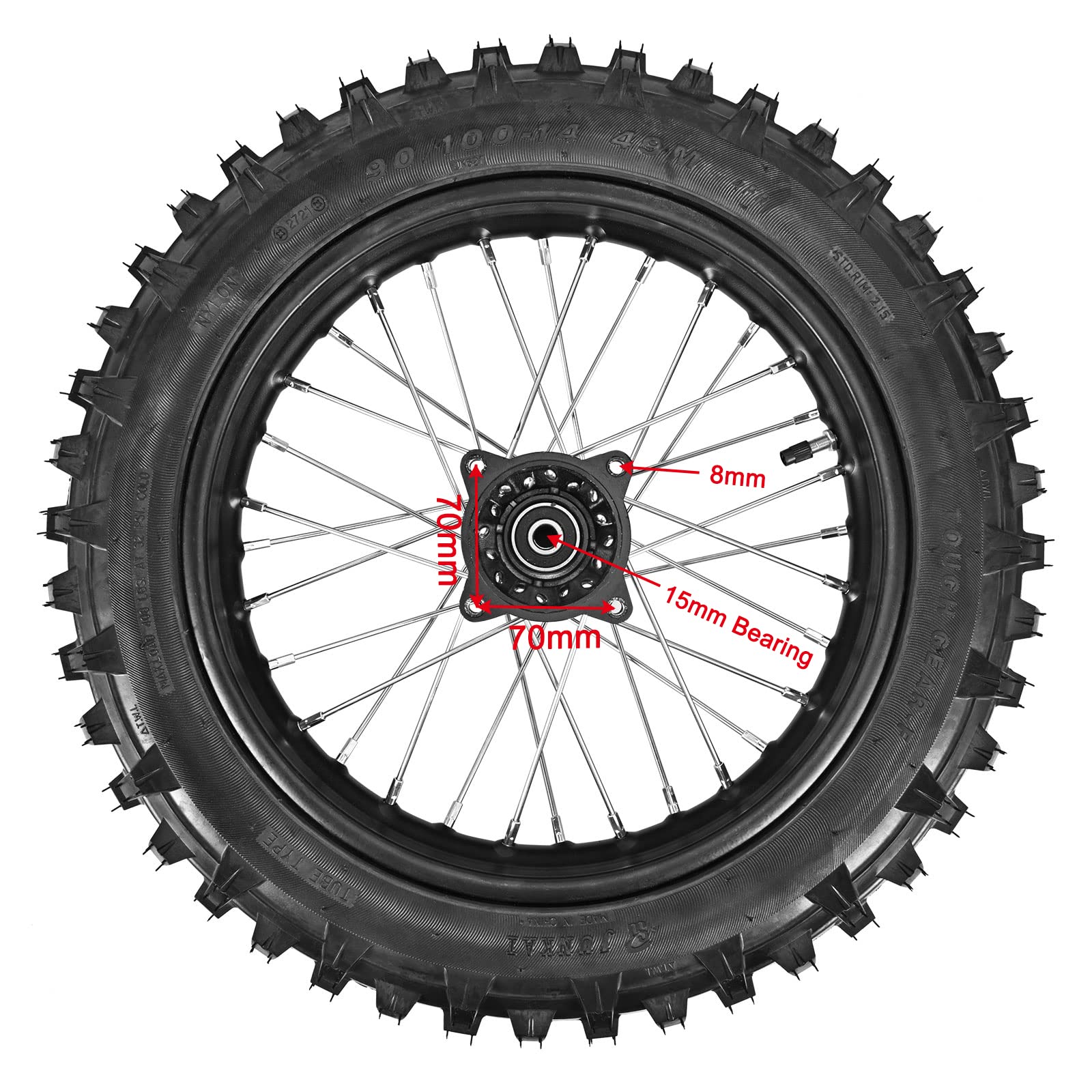 Trkimal 90/100-14 Rear Wheel Tire and Rim Inner Tube with 15mm Bearing Assembly For Dirt Pit Bike (90/100-14(15mm bearing))