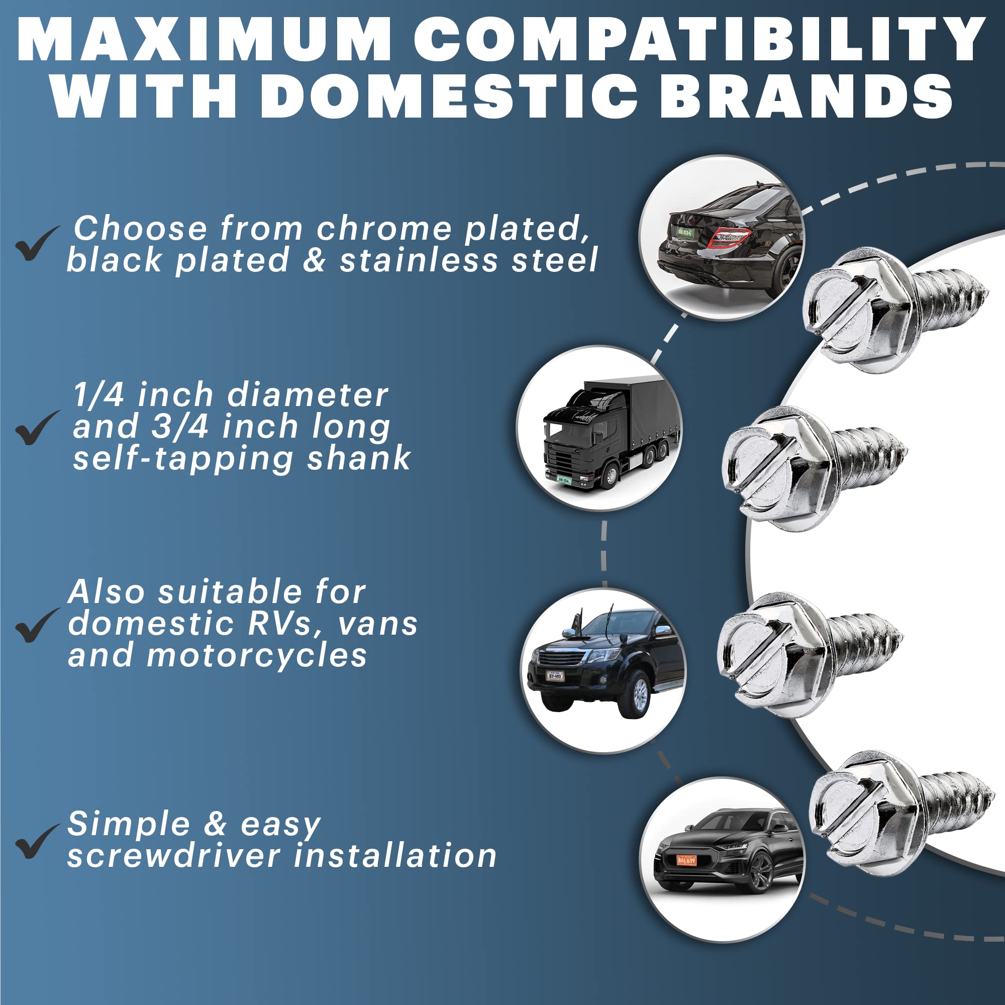 Chrome License Plate Screw Kit - Set Of 8 Stainless Steel Fasteners For License Plates, Frames, And Covers On Domestic Cars, Trucks, Vans, Suvs - Rustproof, Self Tapping Mounting Bolts (Chrome Plated)
