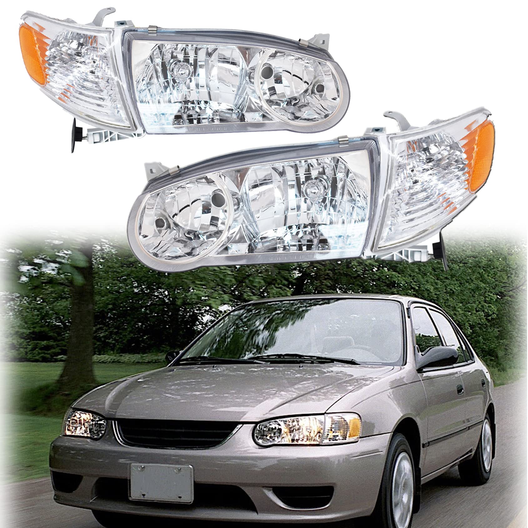 ANTUKO TO2502133 TO2503133 Clear Lens Driver and Passenger Side Headlamps Headlight Assembly Replacement for 2001-2002 Corolla w