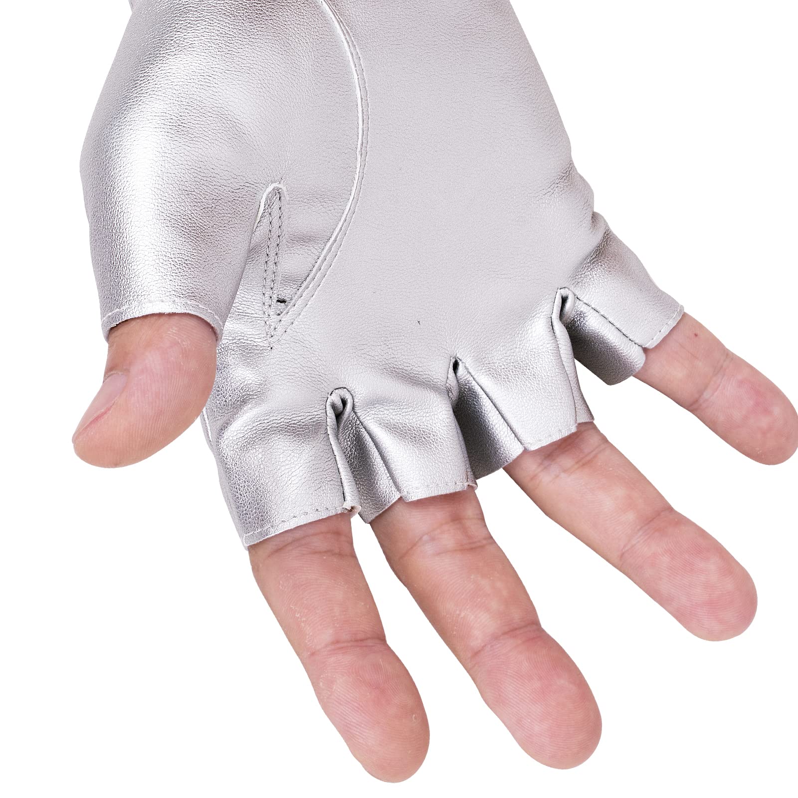 Jisen Men Pu Leather Punk Half Finger Snap Performance Gloves Silver