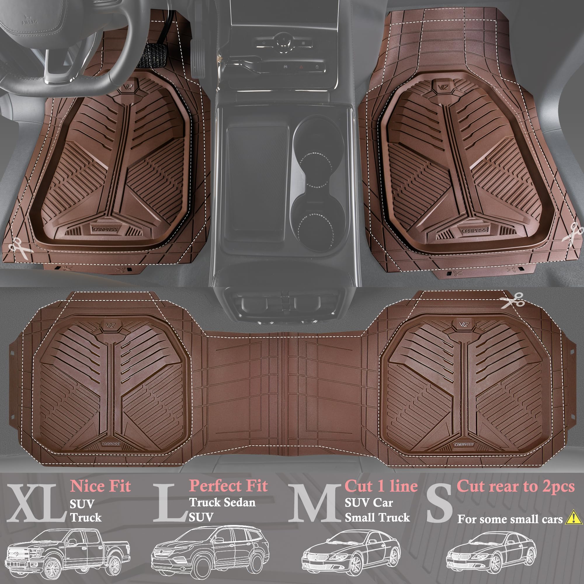 Car Pass Heavy Duty Car Floor Mats, All Weather Car Mats Full Set, Universal Automotive Mats 3 Pieces Trim To Fit For Sedans Suv