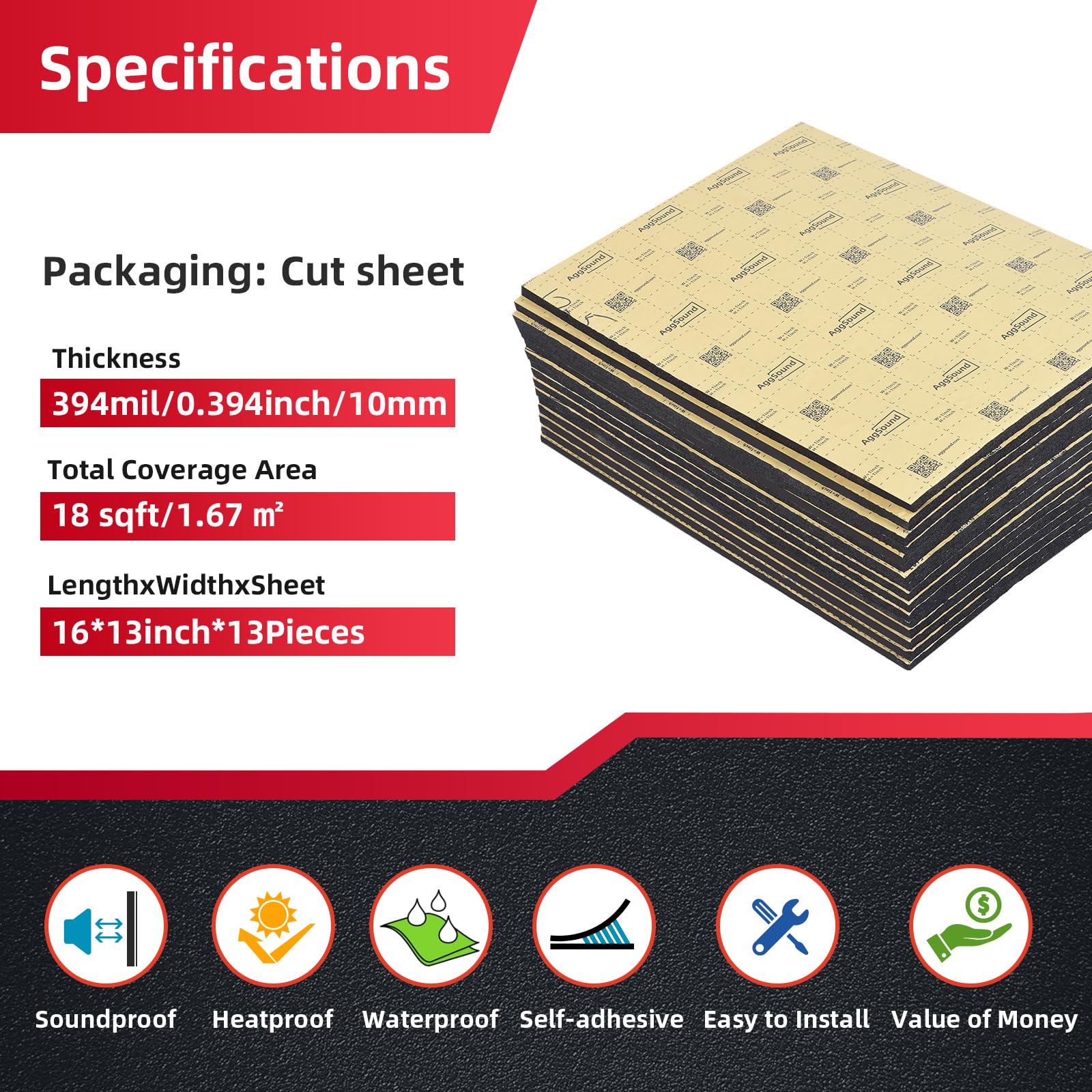 Aggsound 394Mil 18Sqft Thickened Sound Deadener For Cars - Auto Sound Deadening - Closed Cell Foam Noise Deadening Material - He