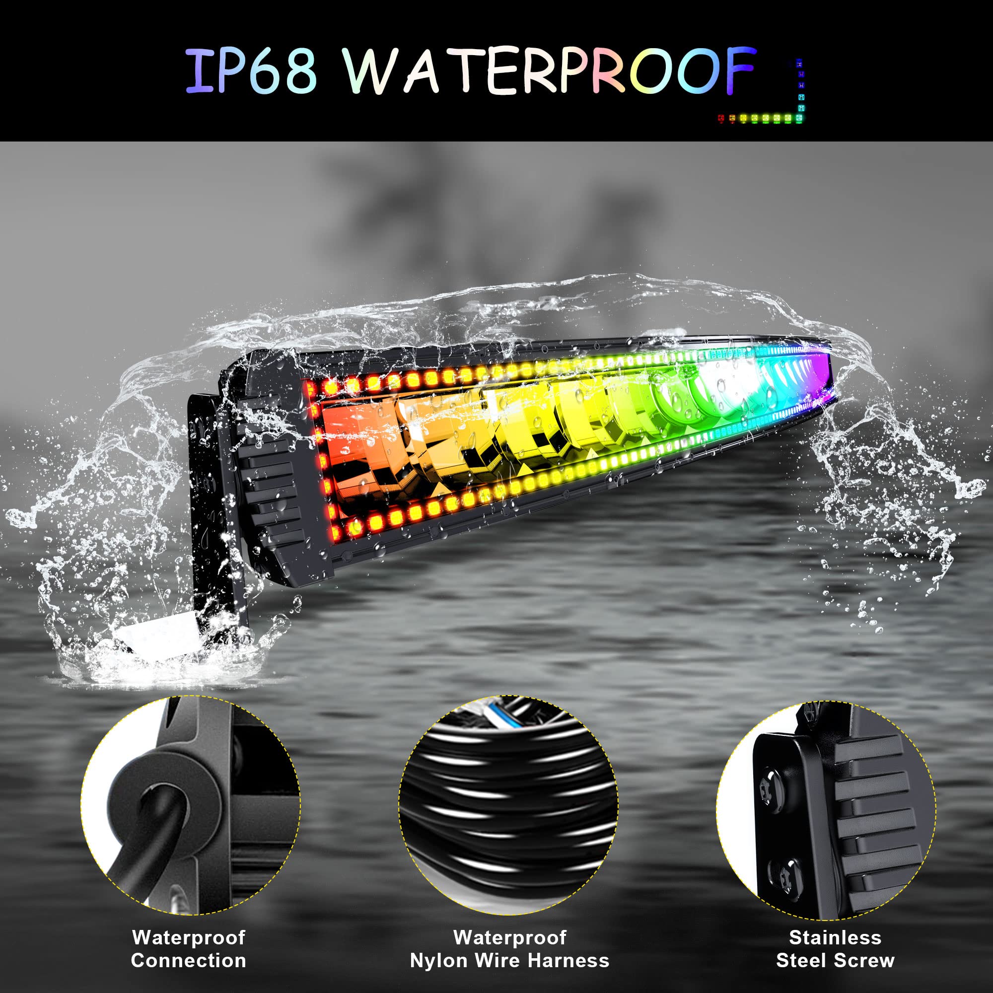 FEELON 52" Curved RGB Light Bar with 2x 4" Flood Pods - Multicolor RGB Halo Offroad Driving Fog Lights