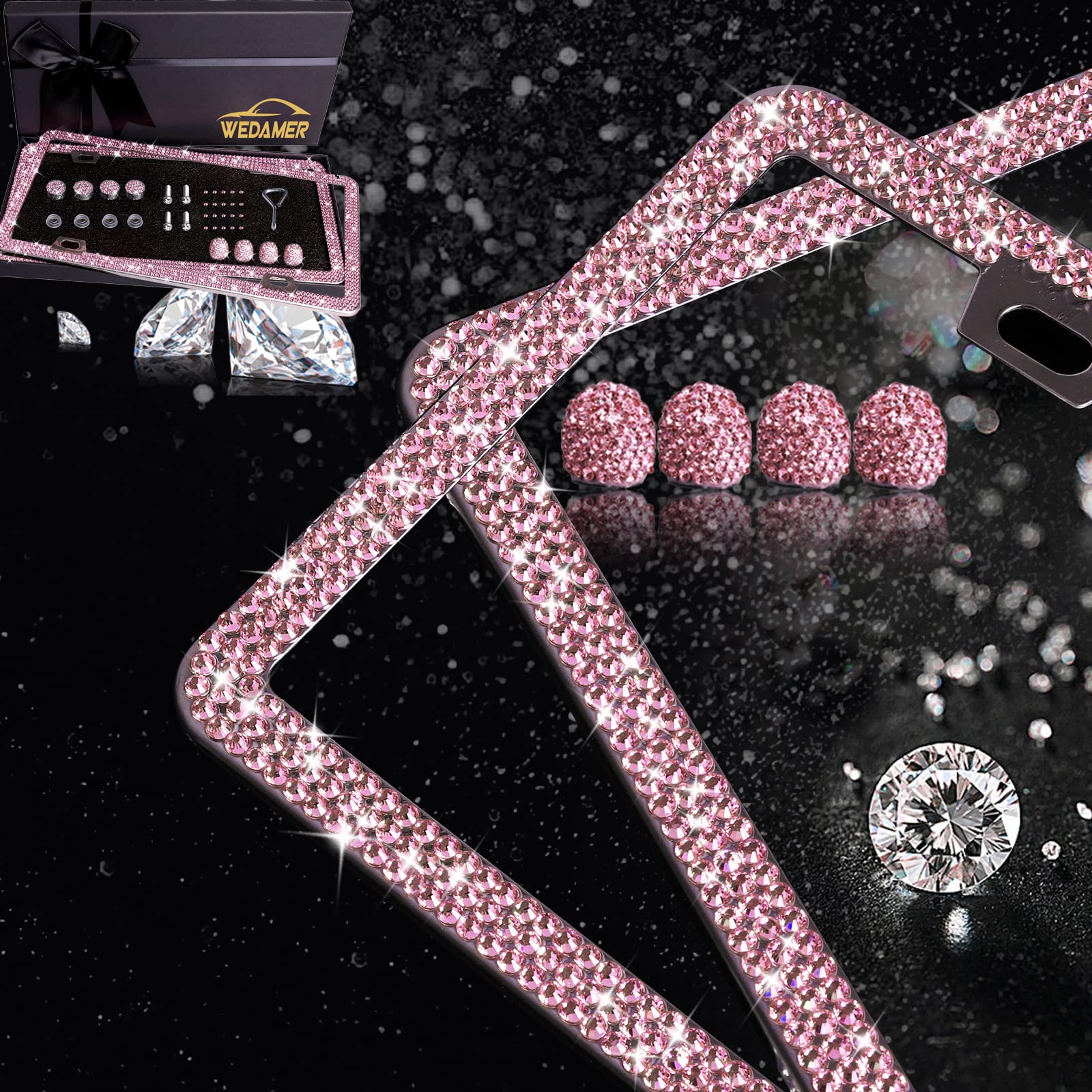 Wedamer Pink License Plate Frame Bling License Plate Frames For Women Sparkly Rhinestone License Plate Frame Diamond Bedazzled G