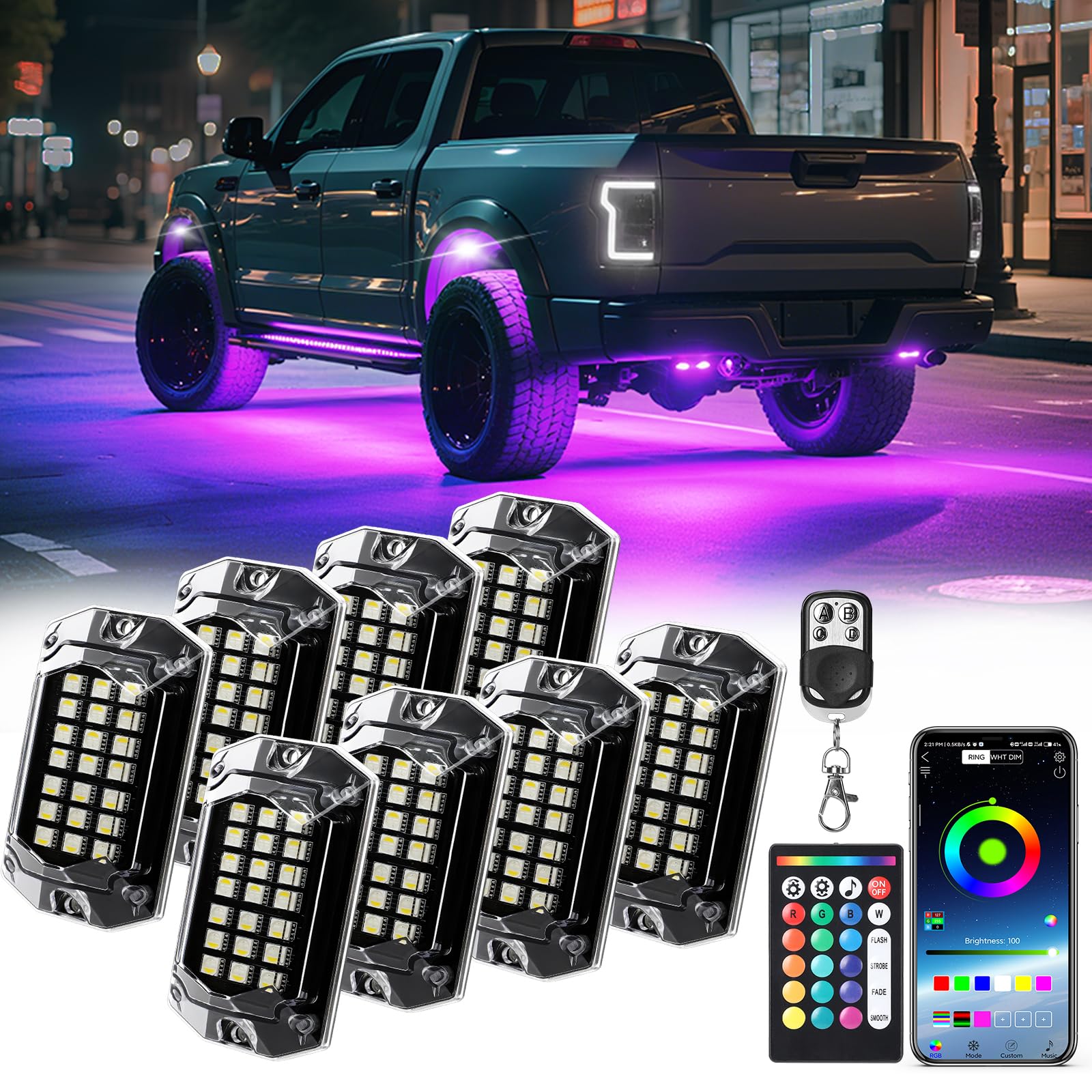 8 Pods Full Angle RGBW LED Rock Lights for Truck ATV UTV RZR SXS Jeeps Van RV Offroad,Waterproof Multicolor Neon Underglow Kit w