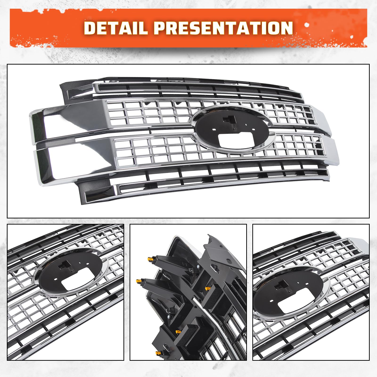 ECOTRIC Front Bumper Grill for 2017-2019 Ford F250 F350 F450 Super Duty, Chrome Finish, Model ET-096, Durable Design