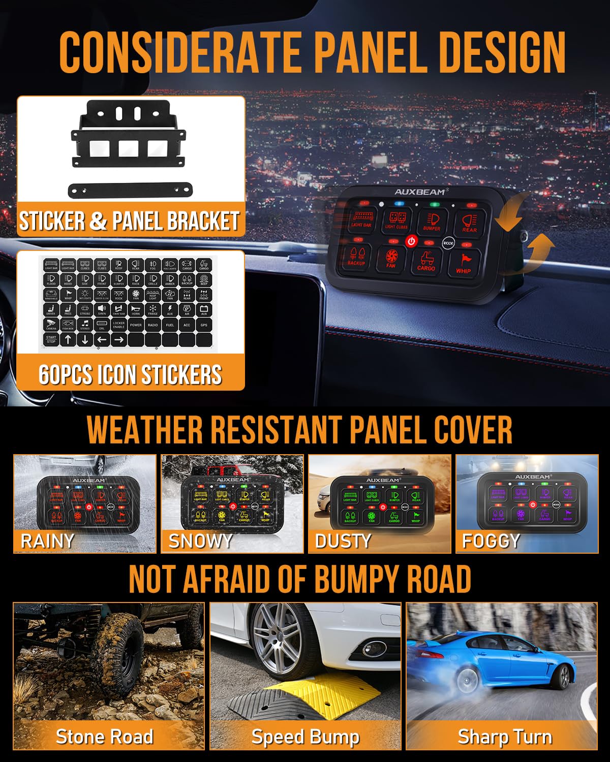 Auxbeam 8 Gang RGB Toggle Switch Panel, Dimmable, Waterproof, Aluminum, Model QPA01078B1-FBA, Easy Installation for Car/Boat/RV