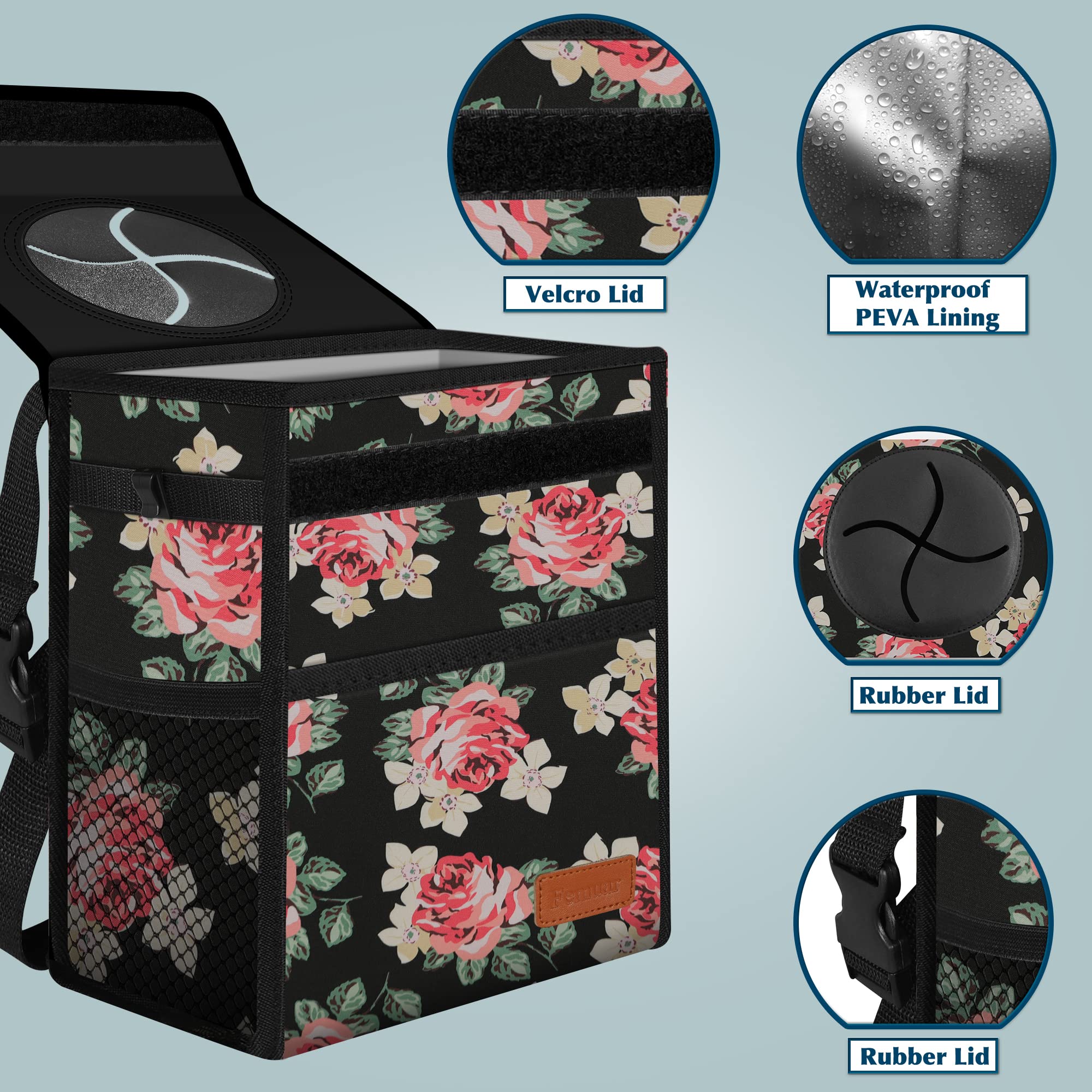 Flower Car Trash Can With Lid - Leak Proof, Waterproof, Suv Front Seat, Multipurpose Car Hanging, Collapsible, Portable, Mesh Po