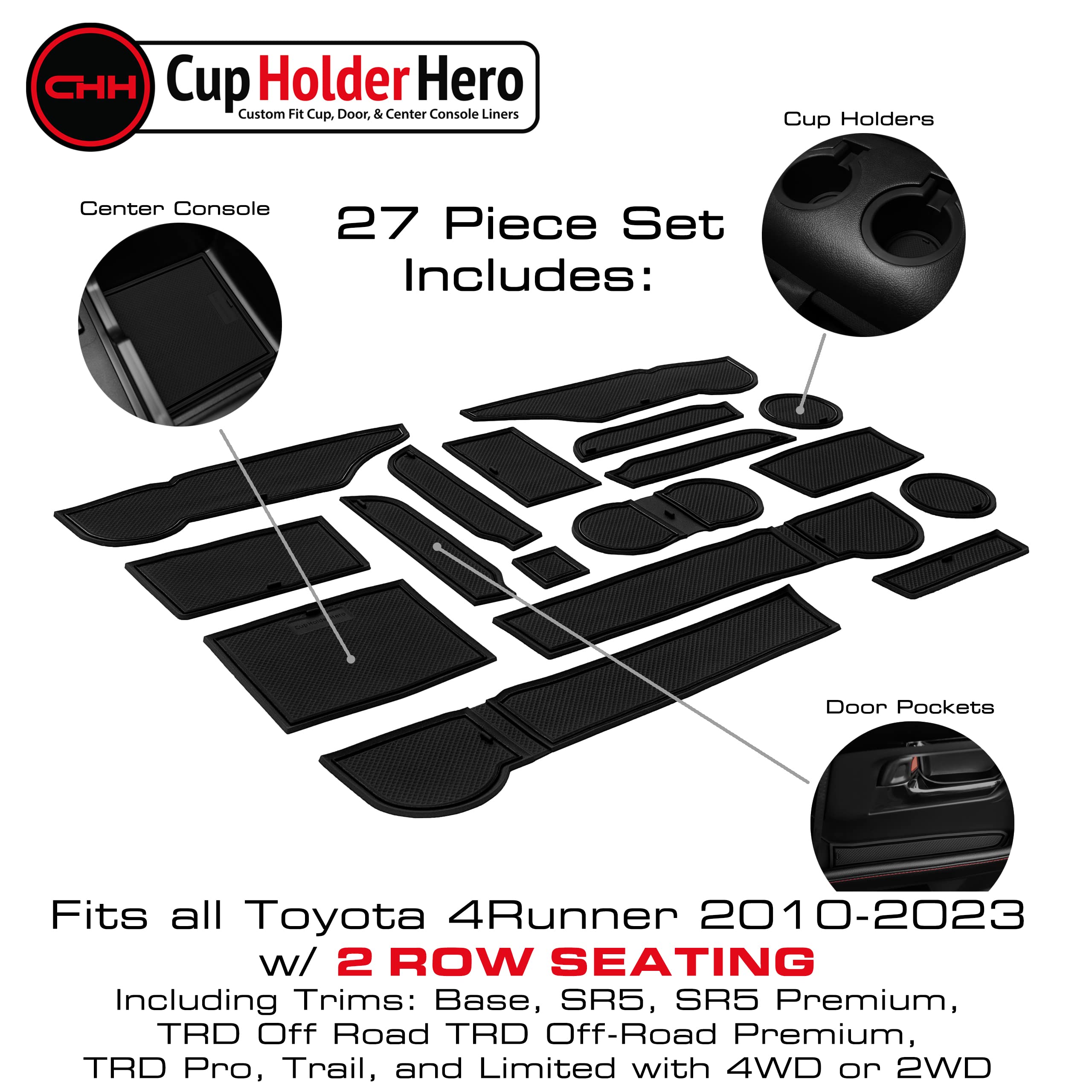 CupHolderHero Fits Toyota 4Runner 2010-2024 Accessories - Custom Non-Slip Anti-Dust Cup Holder Inserts, Center Console Liners, D