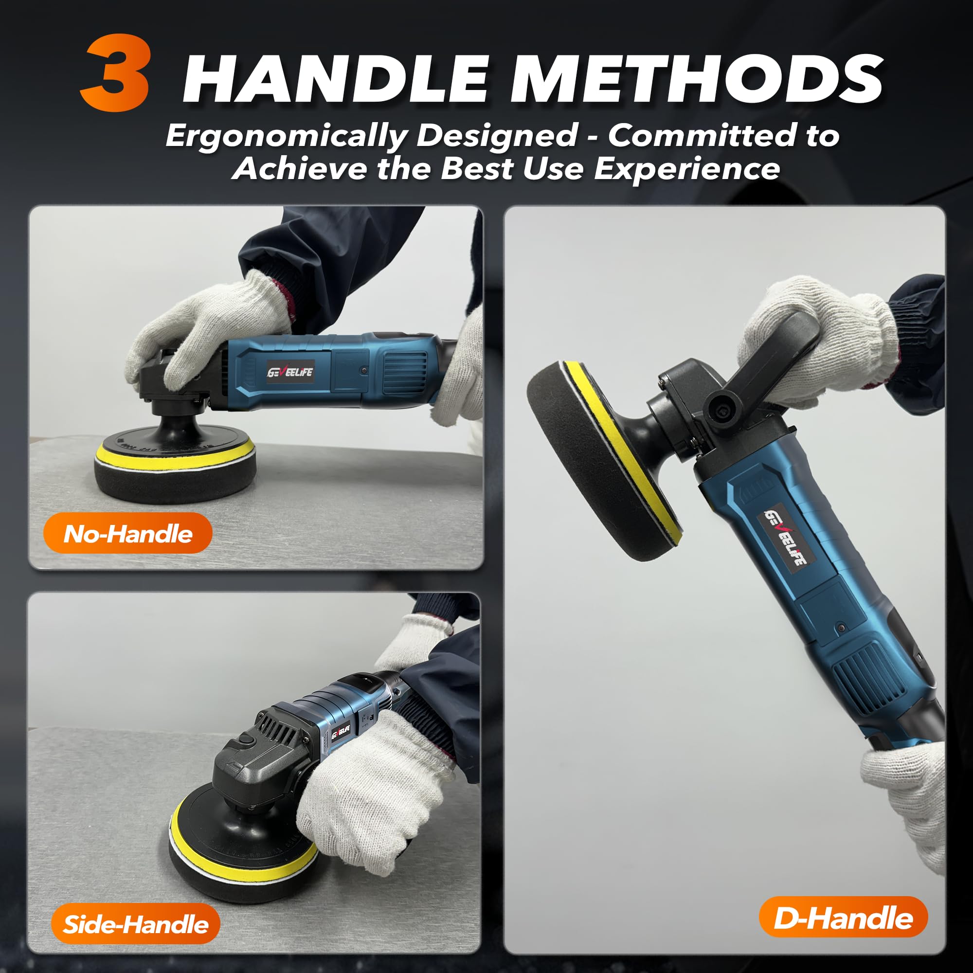 GEVEELIFE 6/7 Inch Rotary Polisher Waxer, 1600W, 7 Speed, Detachable Handle, Black, Model PGJ