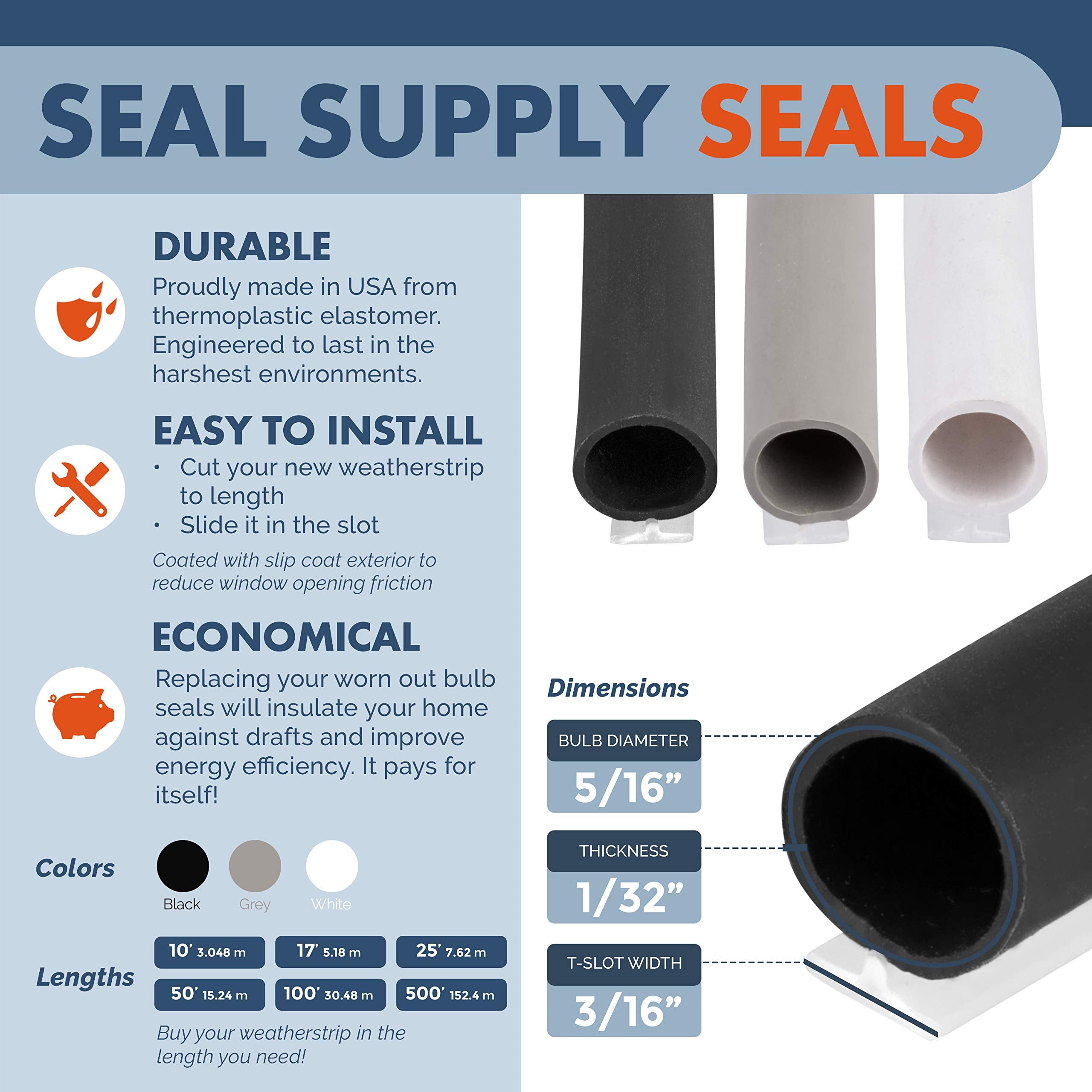 T-Slot Mount Window Weatherstrip Seal 5/16' Bulb Bubble For 3/16' Slot Receptacle 3 Colors & 5 Length Options (100', Grey)
