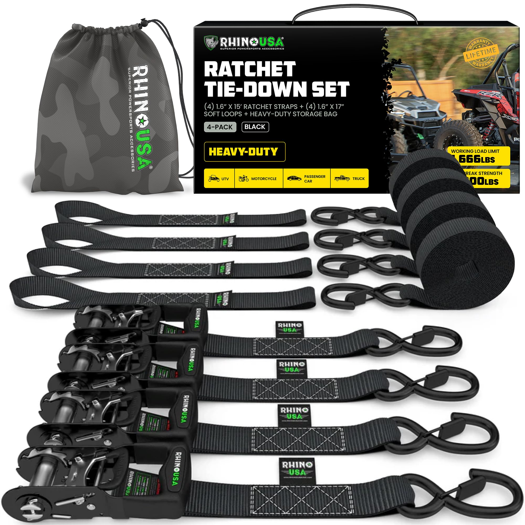 Rhino Usa Ratchet Straps Heavy Duty Kit (4-Pack) - 1.6 Inch X 15 Feet (5,208Lb Break Strength) - Ultimate Tie Down Straps With S