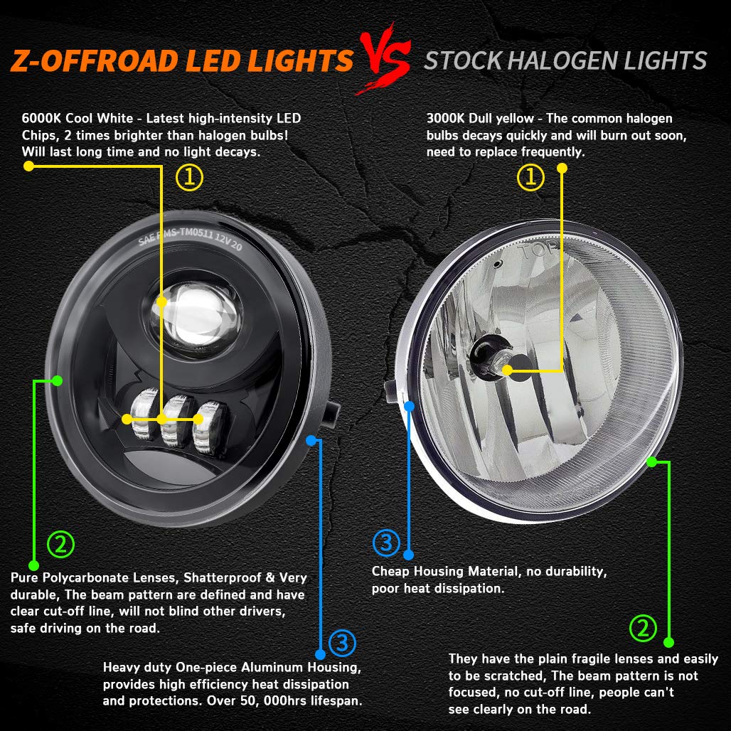 Z-Offroad New Dot Approved Led Fog Lights For 2005-2011 Tacoma, 2004-2006 Solara, 2008-2015 Sequoia, 2007-2013 Tundra - Black