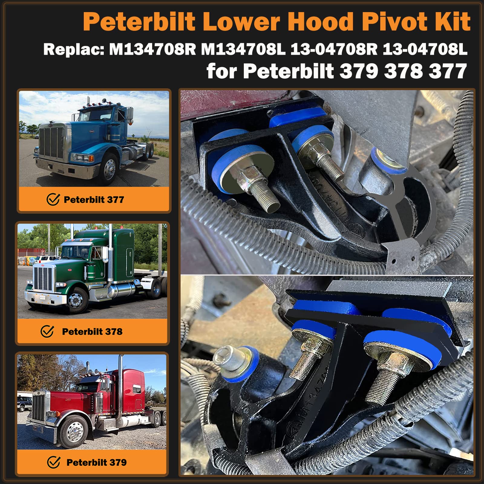 E-cowlboy Lower Hood Pivot Kit for Peterbilt 377 378 379 - M134708 (L+R) - Black Polyurethane