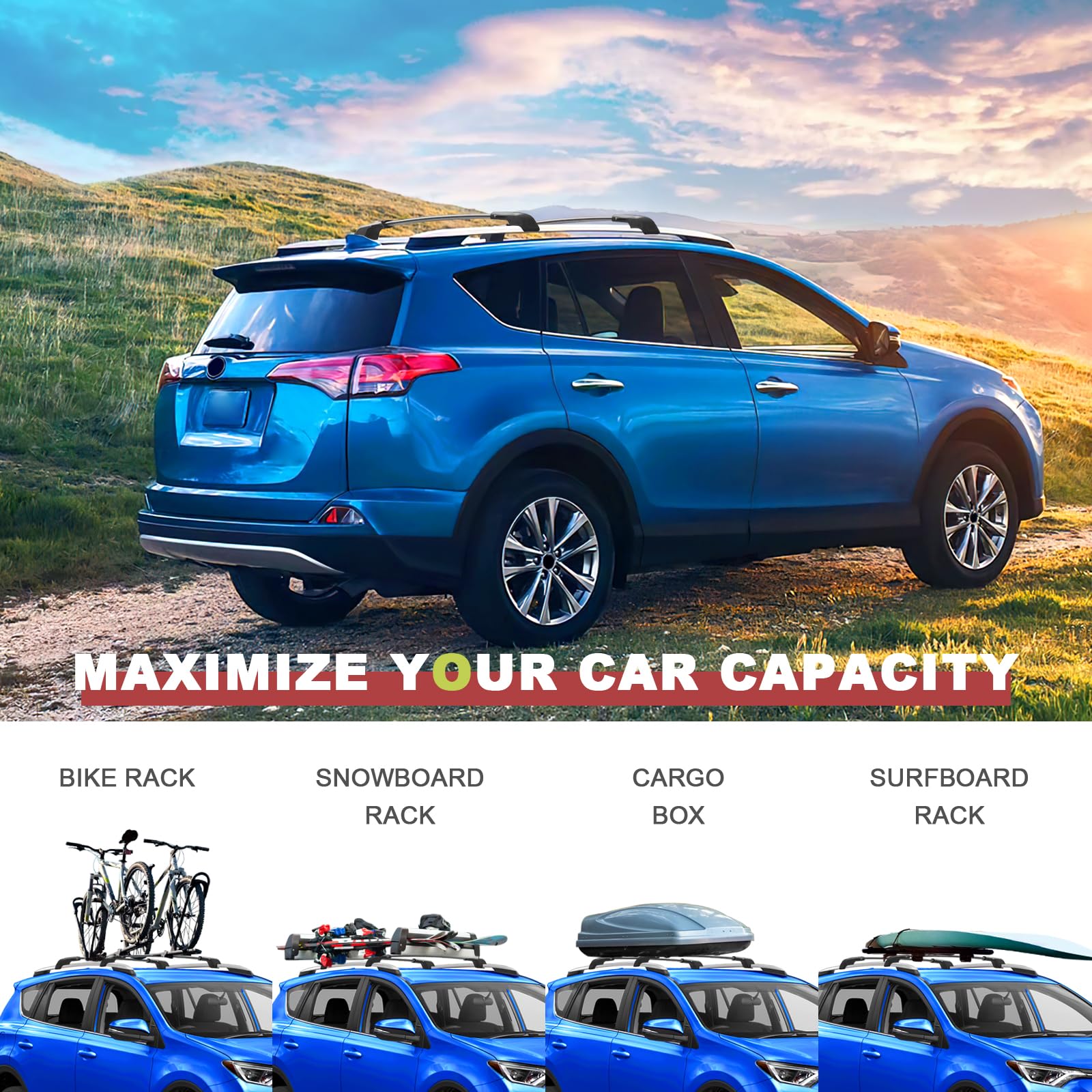 Kinggeri Lockable 220Lbs Roof Rack Cross Bars Compatible With Toyota Rav4 2013-2018, Lockable Aluminum Heavy Duty Crossbar Anti-