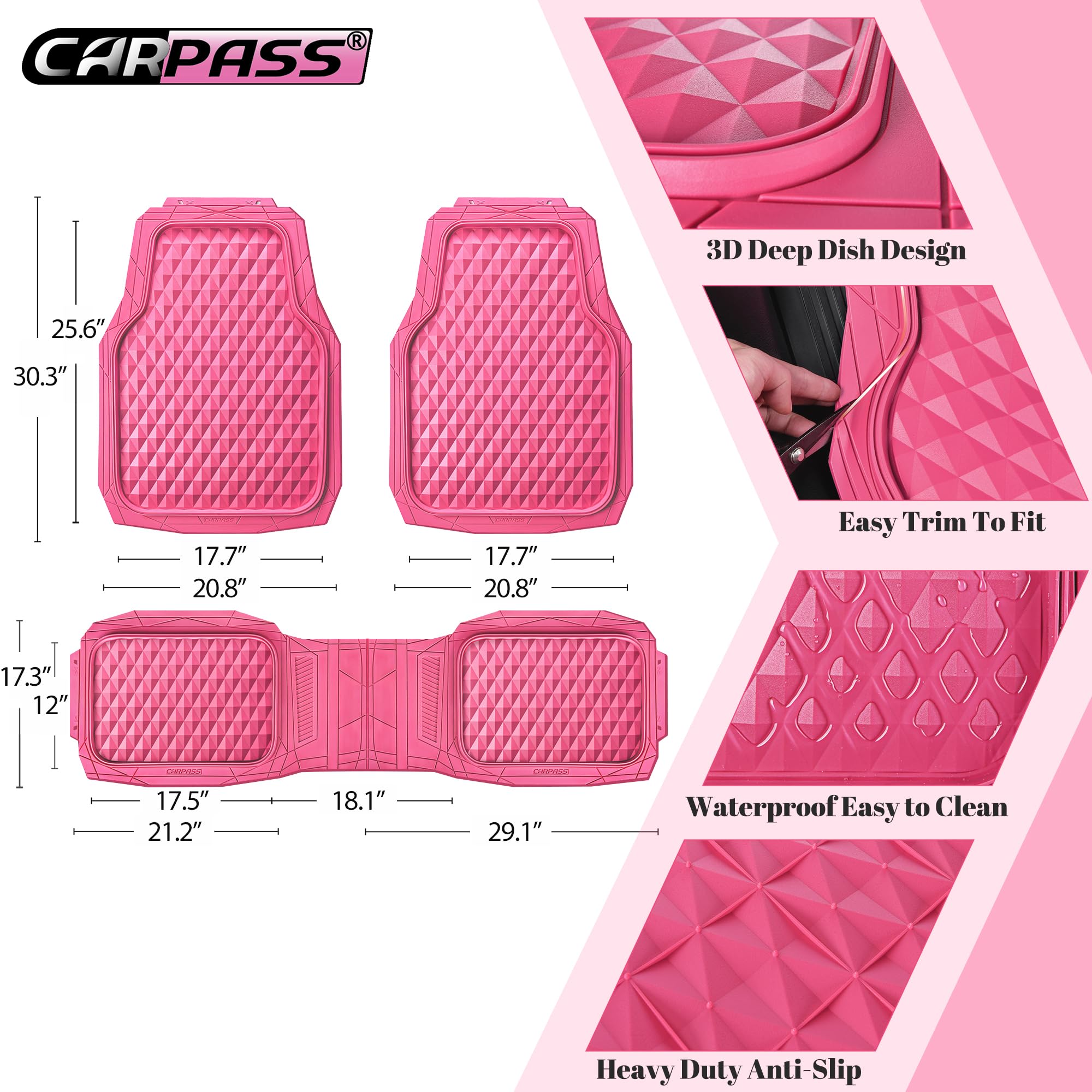 CAR PASS Heavy Duty Rubber Pink Car Floor Mats, Deep Dish All-Weather Full Set Durable Anti-Slip 3D Rhombus Waterproof Trim to F