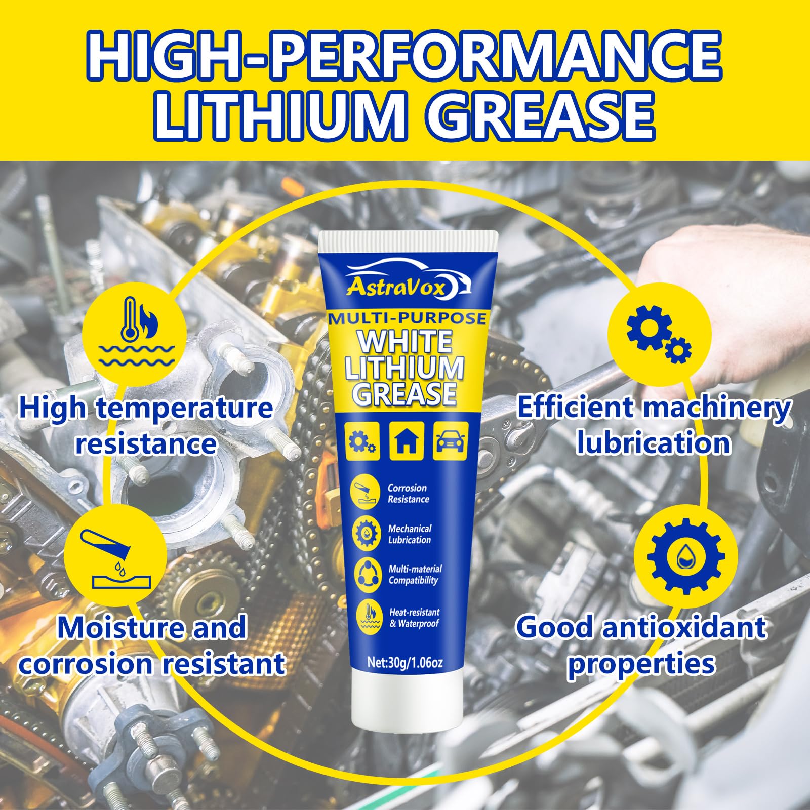 AstraVox White Lithium Grease - Multi-Purpose Lubricant for Garage Doors, Hinges, Bearings, 1oz (2pcs), Waterproof & Heat-Resistant