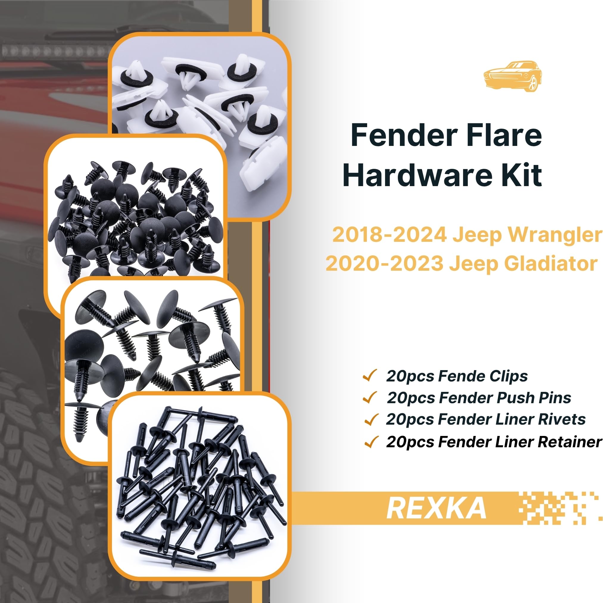 Rexka Fender Flare Hardware Kits - 60pcs for Jeep Wrangler JL 2018-2024 & Gladiator JT 2020-2023 - Durable Clips & Fasteners