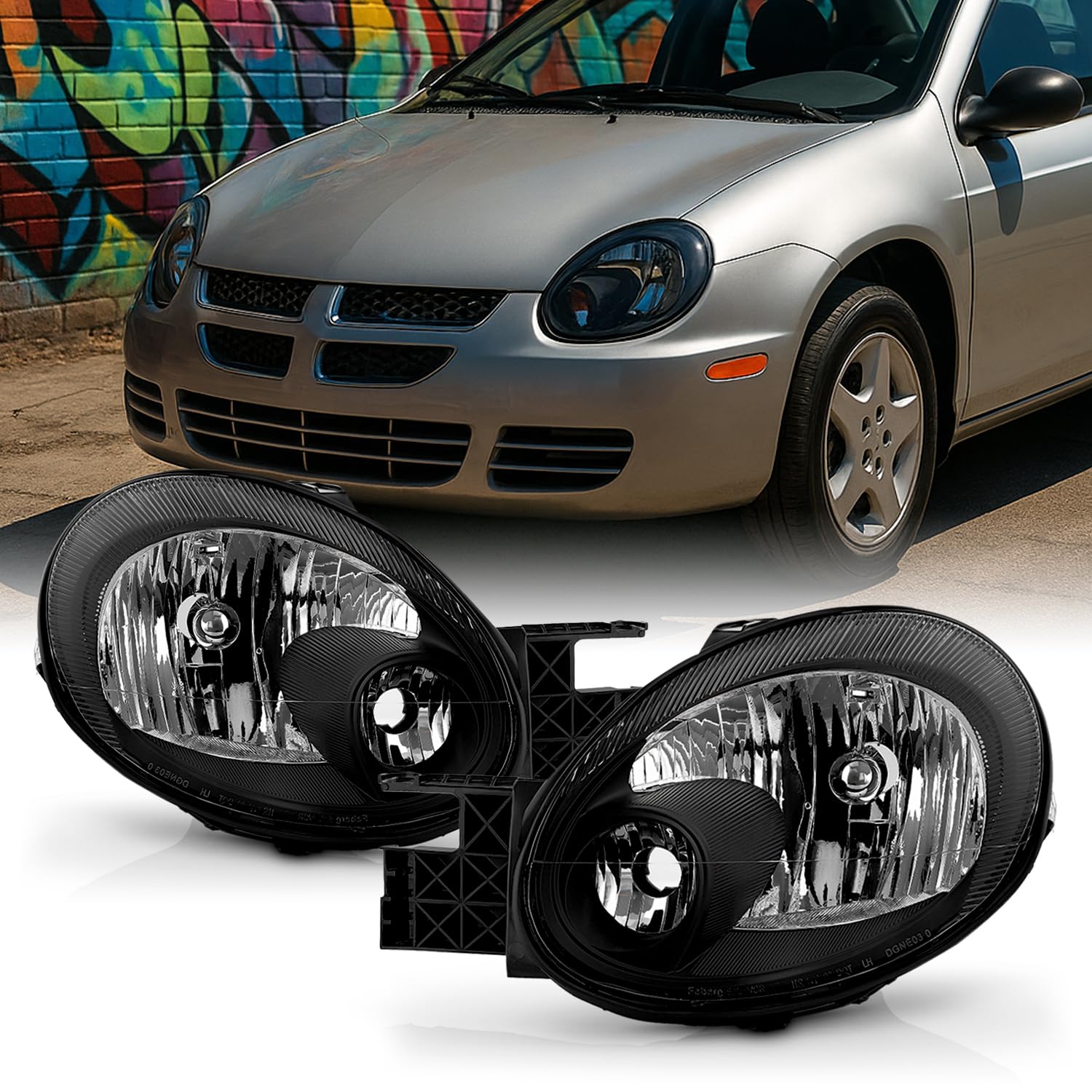 AKKON - For Dodge Neon OE Replacement Black Bezel Headlights Driver/Passenger Head Lamps Pair New