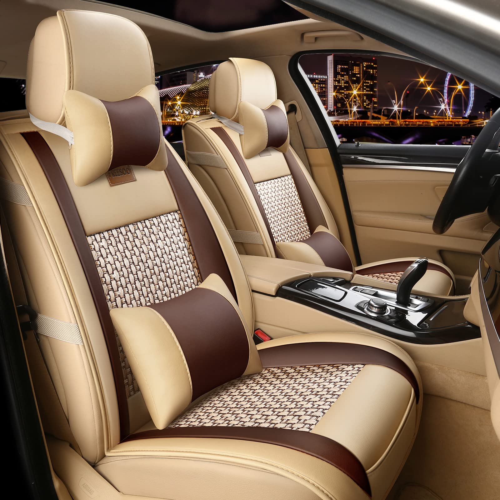 Freesoo Car Seat Cover, Leather Seat Covers Full Set, Classic Breathable Padded Automotive Seat Protector Most Sedan Suv Truck U