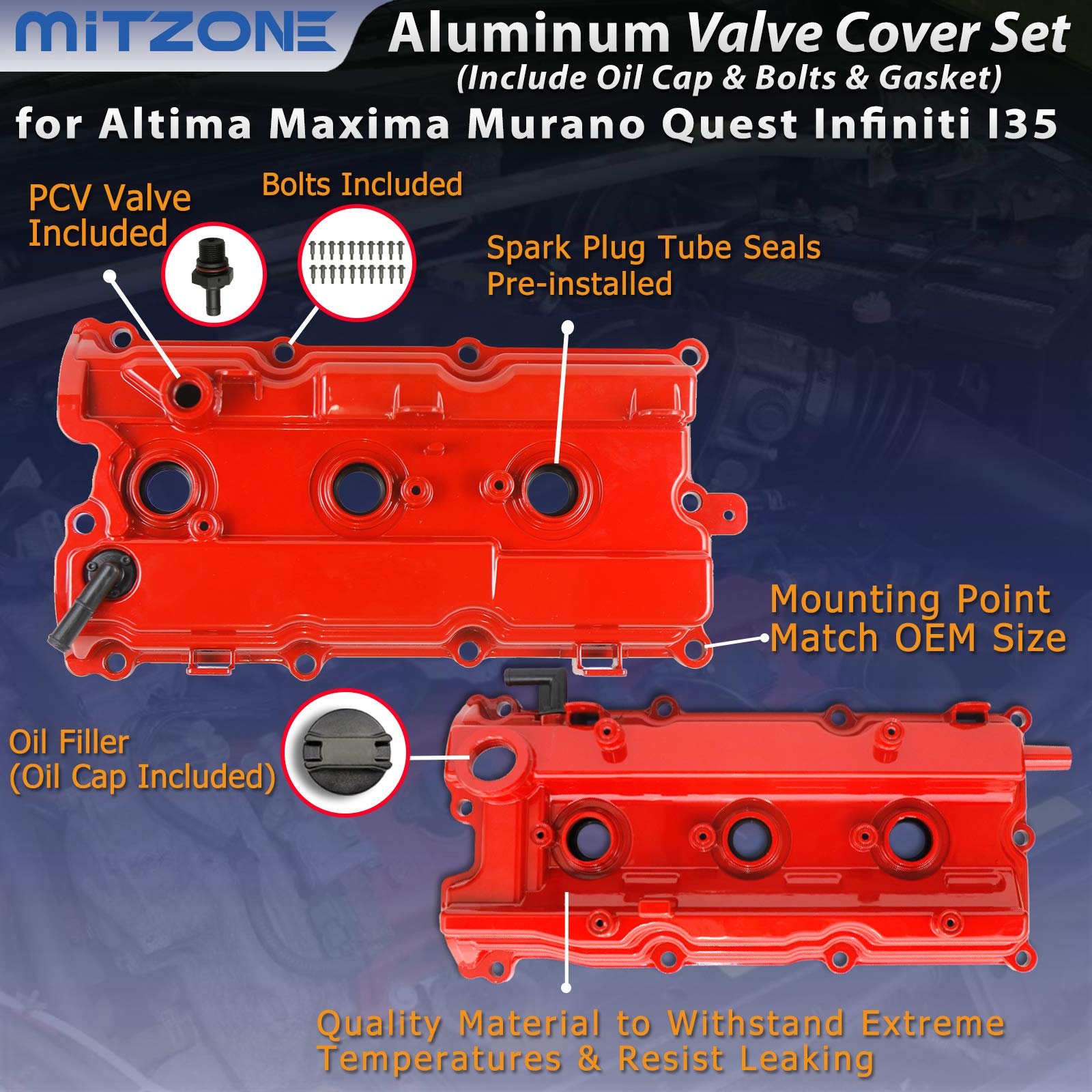 MITZONE Aluminum Valve Covers for 2002-2009 Nissan Altima/Maxima/Murano/Quest, VQ35DE 3.5L, Red, Model 004-002