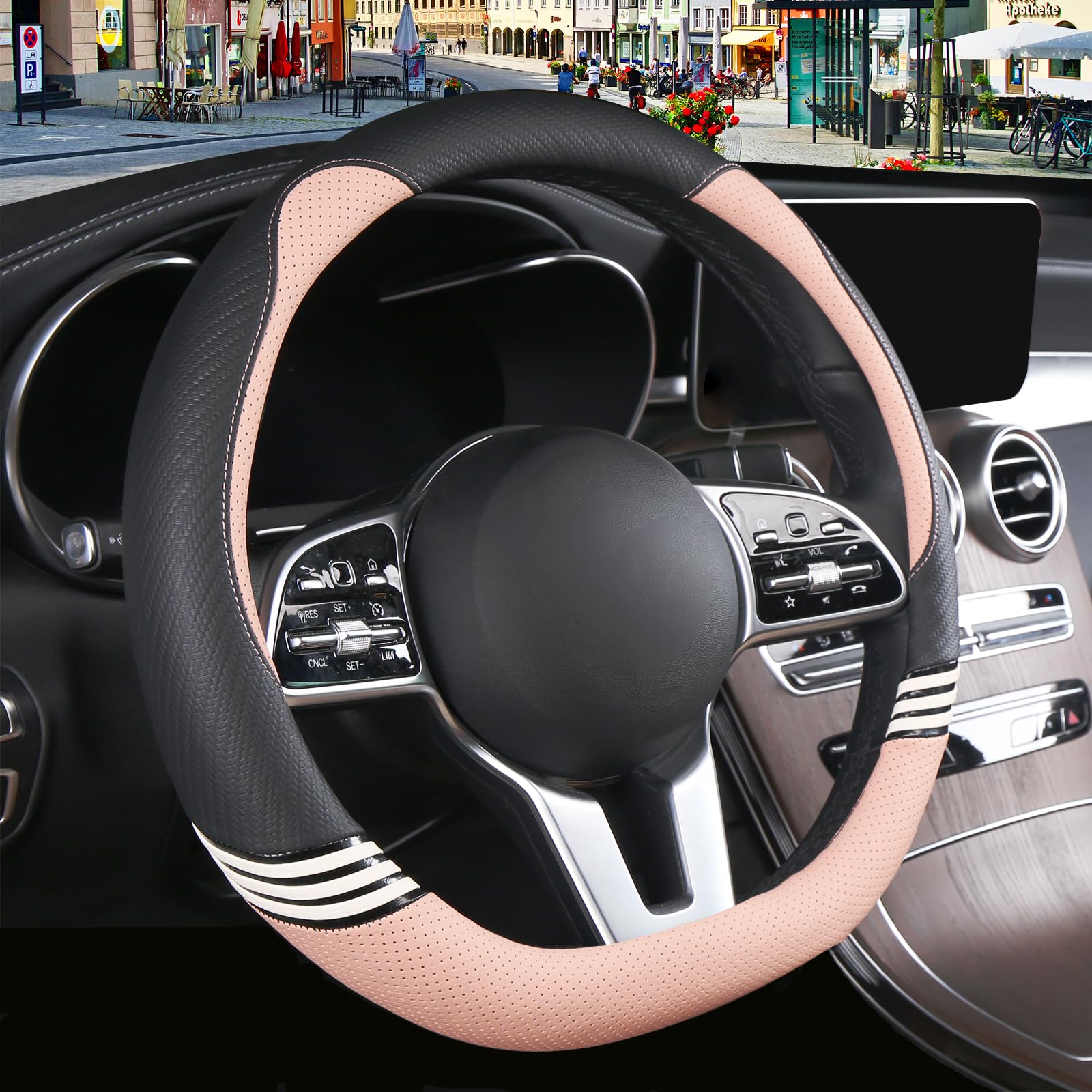 Binsheo Cute Steering Wheel Cover D Shape For Girls Women Universal 15 Inch,Black And Pink