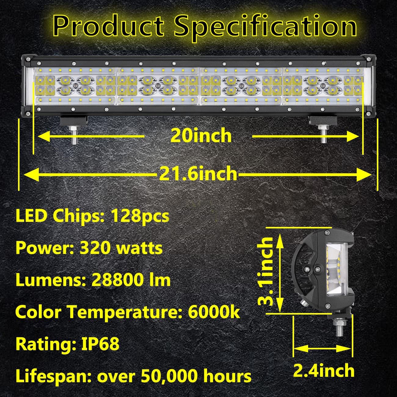 Muto-Beam Side Shooter Led Light Bar, 20 Inch 320W Quad Row Light Bar Led Fog Lamp Off Road Driving Spot Flood Combo Work Lamp F