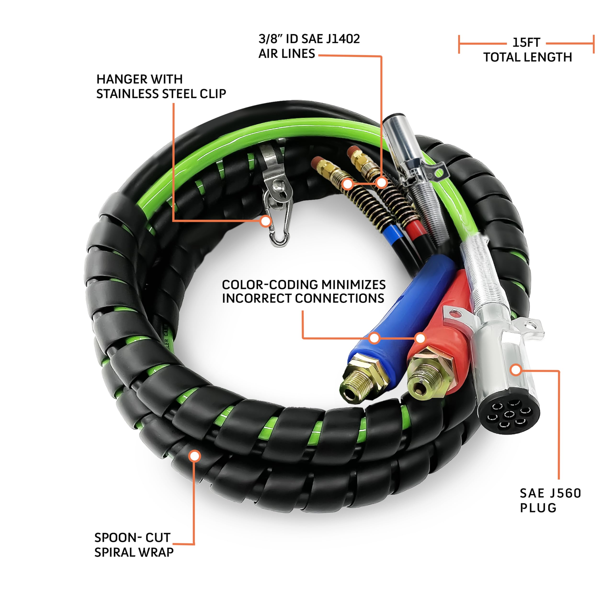 Torque 15Ft 3 In 1 Abs & Power Air Line Hose Kit Airline Air Hose Wrap 7 Way Electrical Cable Air Lines With Handle Grip Airline