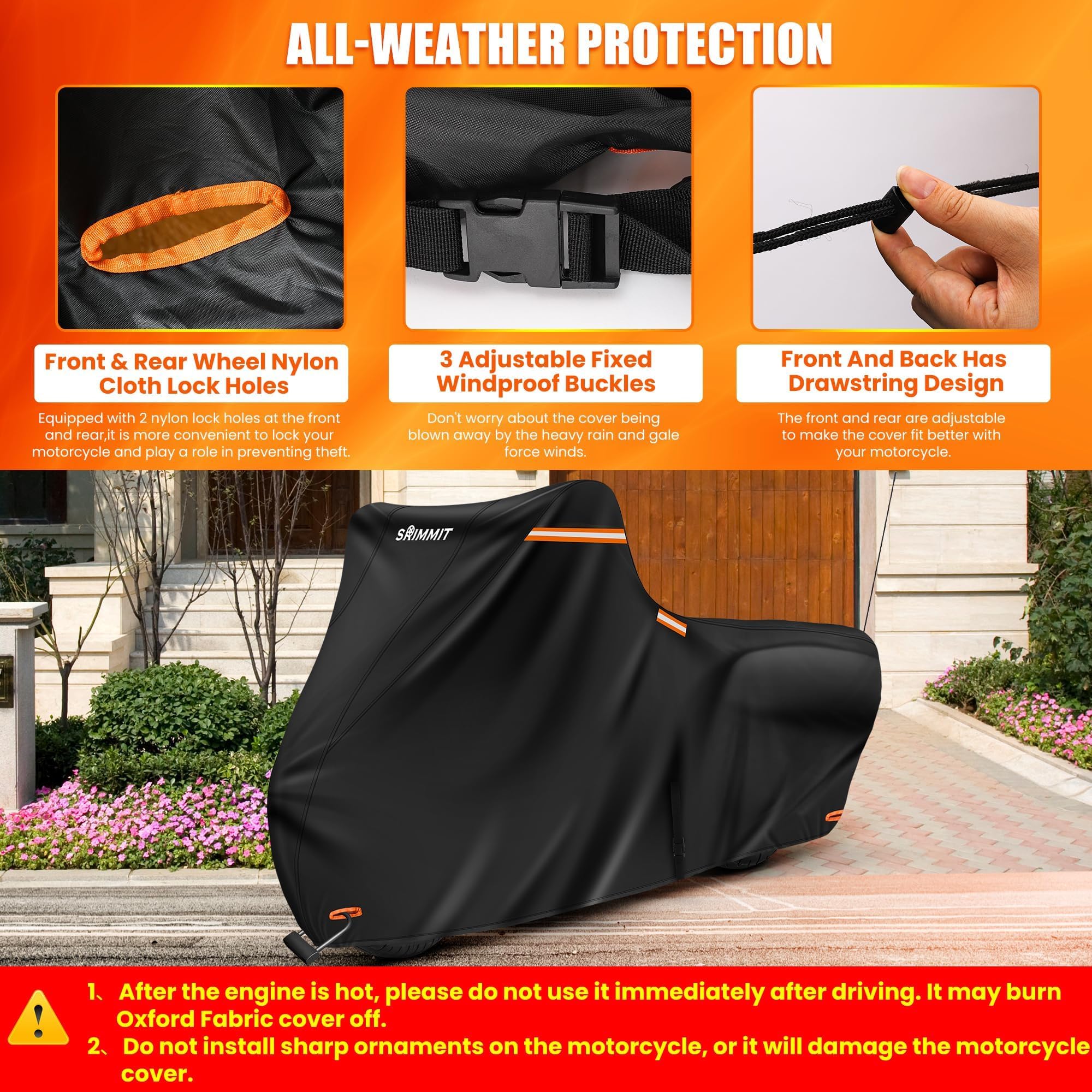 SRIMMIT Heavy Duty Motorcycle Cover, Waterproof 420D, 1XL 86"x39"x51", Black & Orange, with Reflective Strips & Windproof Buckles