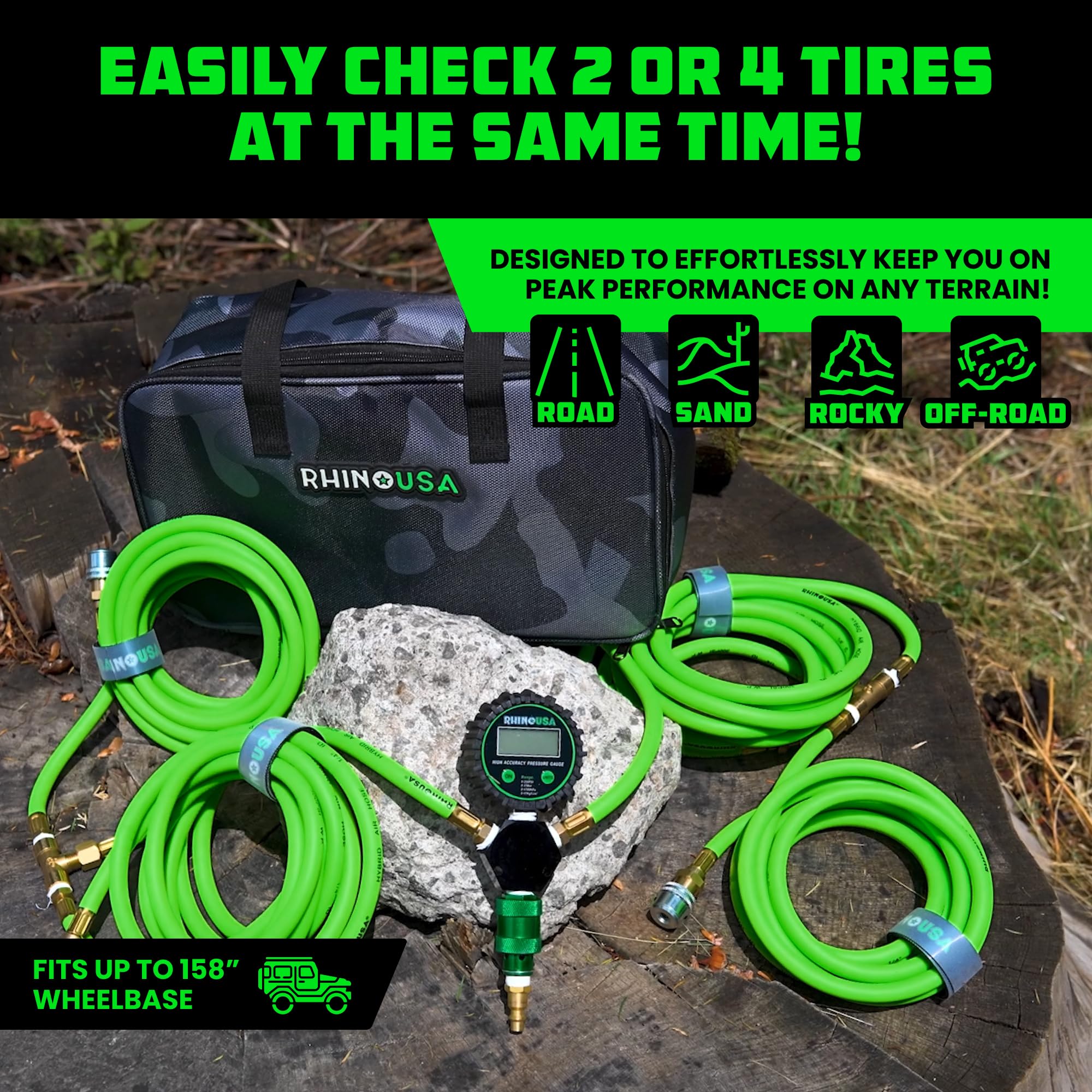 Rhino USA 4 Tire Inflation/Deflation System - Fits up to 155'' Wheelbase - Ultra Fast 4 Way Tire Inflator Hose Kit for Truck, Ca