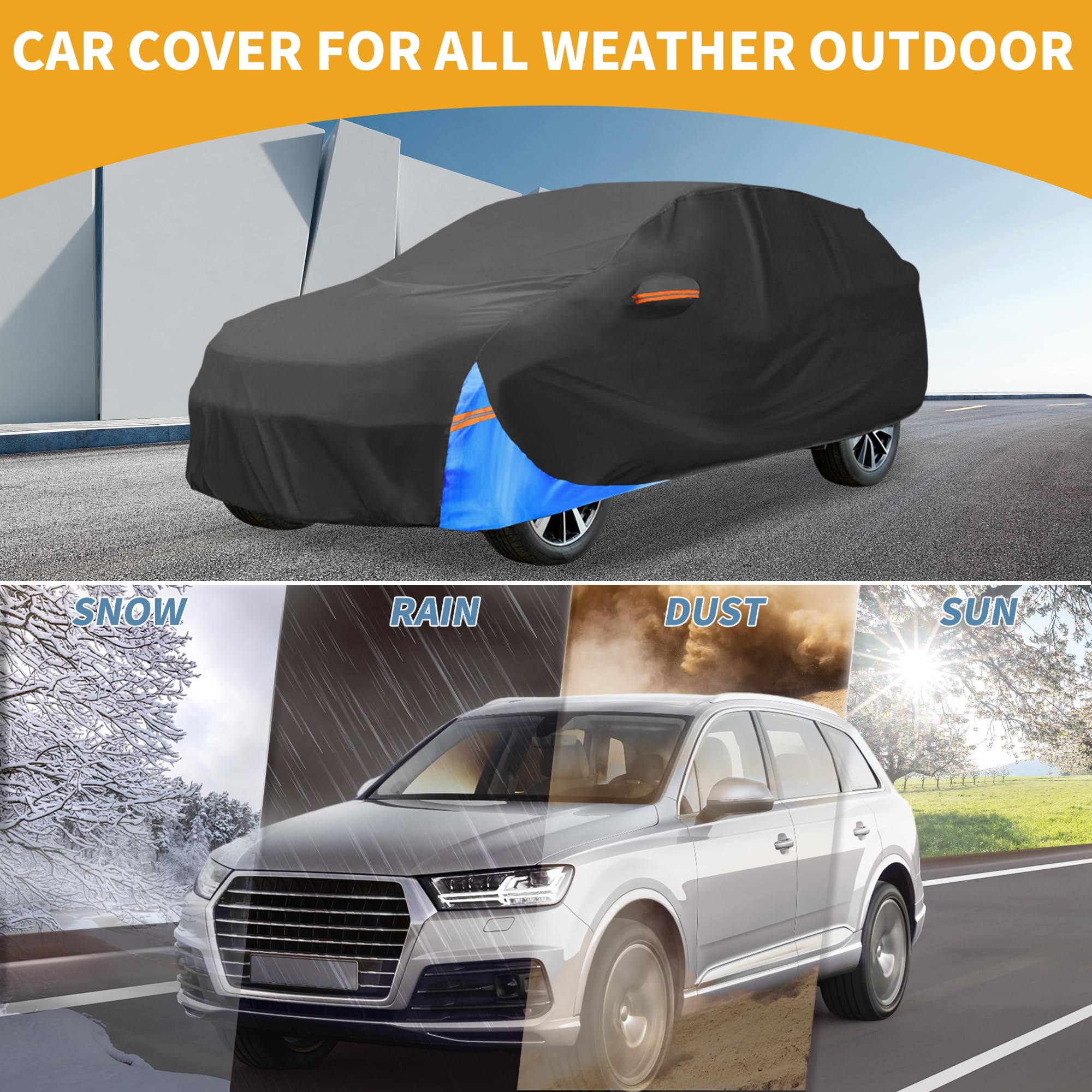 Partuto Waterproof All-Weather Universal Car Cover with Right Side Zipper, 190T Polyeste Black Blue Fits for SUV Up to 181'' Len